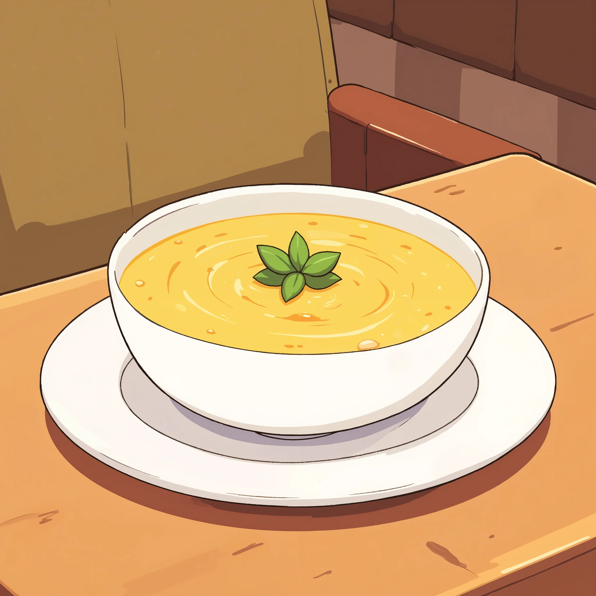corn cream soup on a white plate、 Saizeria corn cream soup 、 on a stylish table、 restaurant 、Warm colored in-store 、On top of the soup is a small amount of basil 、Appetizing hues 、2D illustration、 Hand Drawn Illustration、 detailed illustration,Anime Design,A clear line,Clear lines, on a table, clear background ,