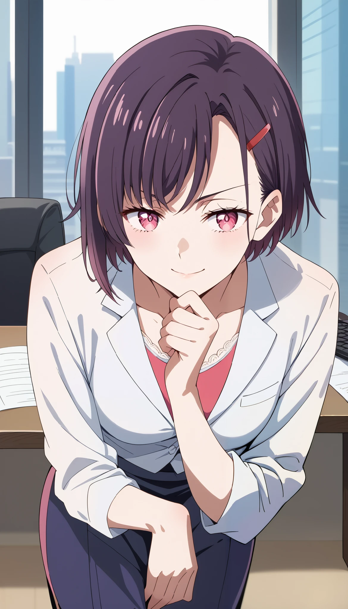 score_9, score_8_up, score_7_up, source_anime, 4K,perfect fingers,(perfect hands, perfect anatomy),prefect lighting, very aesthetic, intricate details,highly detailed background, masterpiece, high quality, best quality,
1girl,solo,shizukamikazuki, shizuka mikazuki, short hair, purple hair, hair ornament, hairclip, pink eyes, swept bangs,
wearing ((office lady,)),
smirk,naughty smile,bent over,