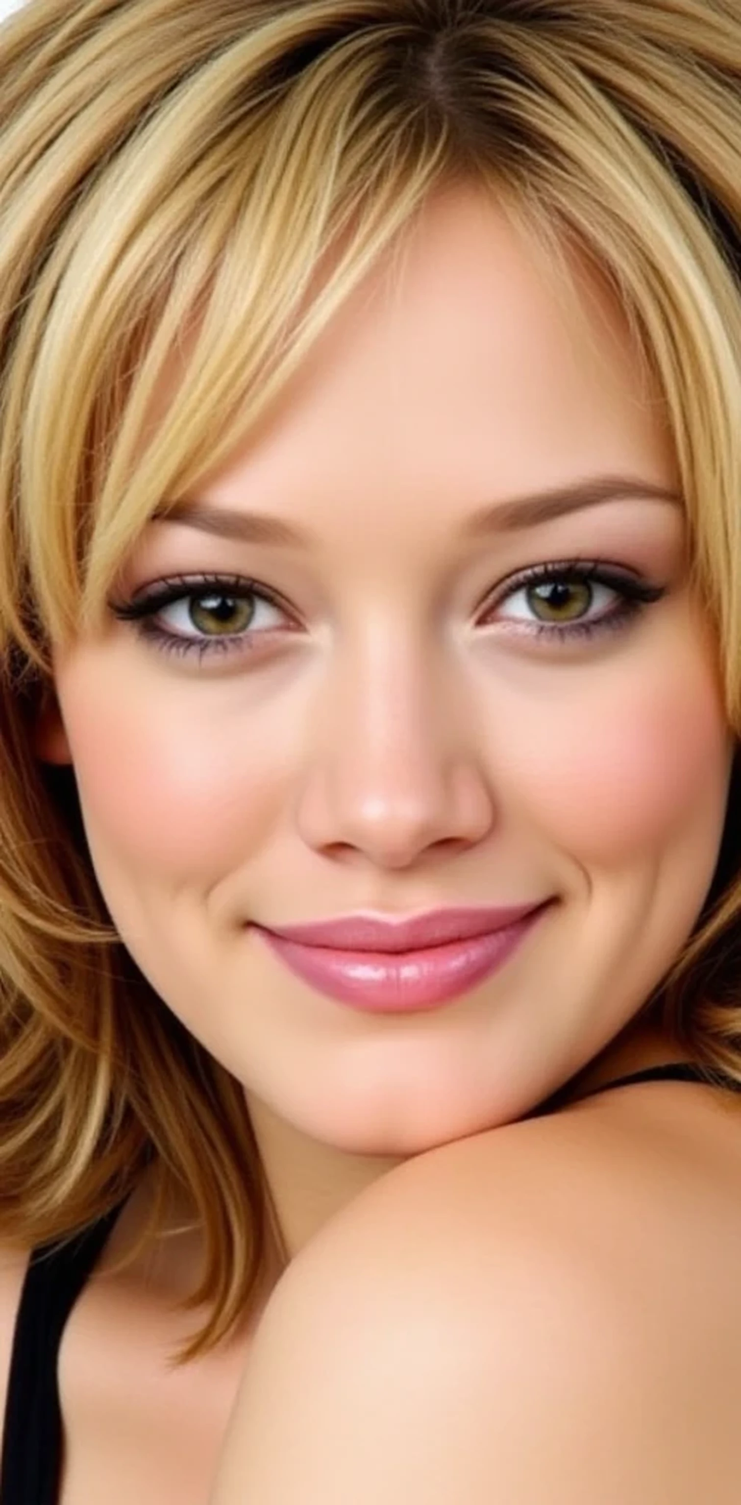 Hilary duff:
by:
- Color: dark blonde (#786C3B )
- Texture: wavy, silky facials
- Defined length : Shoulder-length
- Style : suave, natural leather
Eyes :
- Color: bright blue (#4682b4 )
- Shape: Almond-shaped, tilted
- Size : big, toning
- : Long, Thick
:
- Color: pale, Creamy (# f5f5f5 )
- Texture: suave, plain
- Expressive : uniforme, without imperfections
Lips :
- Color: intense pink (#FFC0CB)
- Shape: Fleshy, sensual,
- Voluptuous size : medium, provided
Body :
- Silhouette: slim, Athletic
- Height : 1.57 m ( approximately )
- Weight: 50 kg ( approximately )
- Proportions : hips and breasts provided, defined waist
Face :
- Shape: Oval, soft
- : high cheekbones, small nose, defined eyebrows