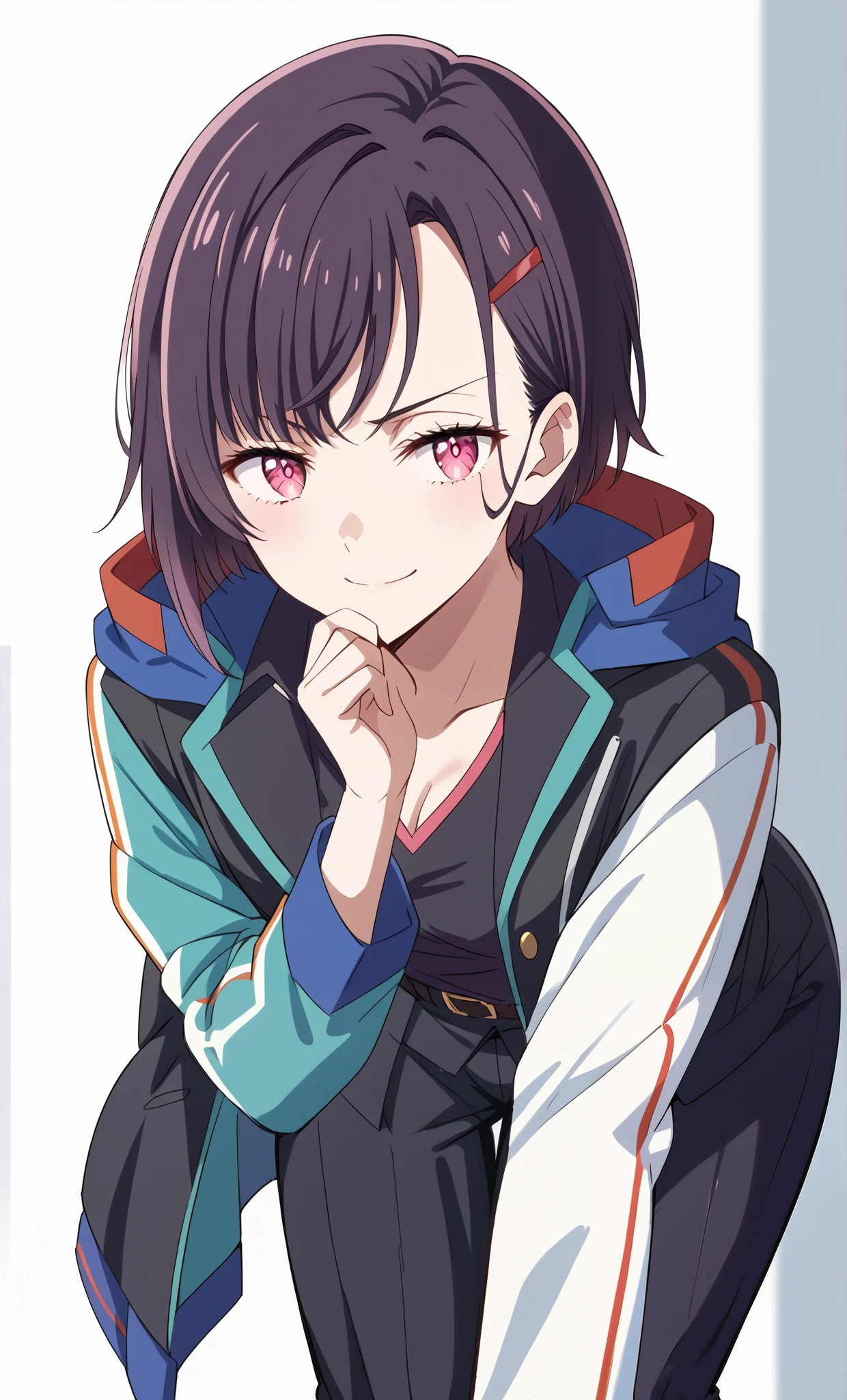score_9, score_8_up, score_7_up, source_anime, 4K,perfect fingers,(perfect hands, perfect anatomy),prefect lighting, very aesthetic, intricate details,highly detailed background, masterpiece, high quality, best quality,
1girl,solo,shizukamikazuki, shizuka mikazuki, short hair, purple hair, hair ornament, hairclip, pink eyes, swept bangs,
wearing ((office lady,black suit jacket, )),
smirk,naughty smile,bent over,
