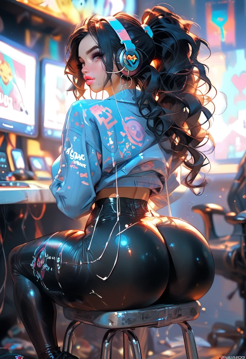 Elizabeth gillies, back showing her ass, full body in high definition with a vinyl record for the footrest in an excellent 8k evolution (( Miniature toy for collection))