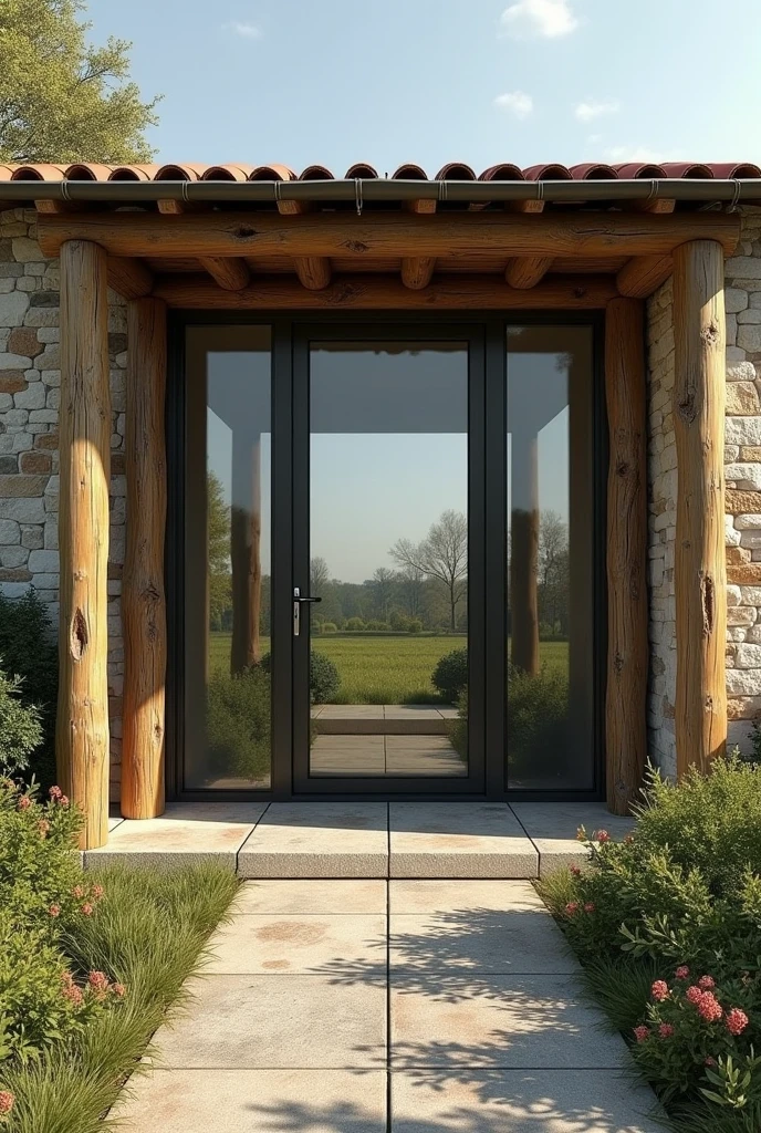 A façade seen from the front of a house with a glass door well centered in the middle. Stone Window Sill, side windows, Mixes rustic and futuristic design (Really crazy thing , Something that doesn't exist:  at the same time it is rustic and at the same time it is futuristic) The setting is of a field , As if it were a farm, The columns are made of rustic wood, Are the roofing scissors made of wood, But fence with glasses, Plants and flowers around.