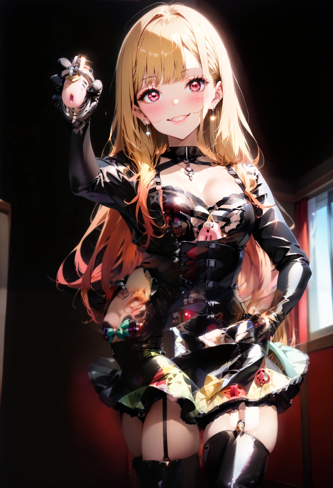 BDSM、Queen、mistress、(((One girl)))、(((solo:1.8)))、(((Black latex elbow gloves:1.4)))、((( black latex corset dress :1.4)))、((( corset dress is adorned with beautiful lace)))、((( Corset Dress with Shoulder Straps )))、((( Black Latex Tight Miniskirt :1.4)))、((( Black Thigh-High Boots :1.4)))、(((Black rubber tights:1.2)))、((( stiletto heel boots that kick a man:1.4)))、((( black latex tight mini skirt )))、(((Black latex bra)))、(((Black leather collar)))、((( Sexy Poses:1.4 )))、 wide thigh opening with one leg:1.2、((( erotic with vaginal pressure)))、((( cowboy shot)))、クローズ up、((( place your hands on your hips)))、 beautiful eyes with highlights、 fine, beautiful skin、Two perfect anatomical arms、 Anatomically Perfect 2 Legs 、(Four perfect fingers and one thumb)、BDSM、Queen、mistress、(((One girl)))、(((solo:1.8)))、(((Black latex elbow gloves:1.4)))、((( black latex corset dress :1.4)))、((( corset dress is adorned with beautiful lace)))、((( Corset Dress with Shoulder Straps )))、((( Black Latex Tight Miniskirt :1.4)))、((( Black Thigh-High Boots :1.4)))、(((Black rubber tights:1.2)))、((( stiletto heel boots that kick a man:1.4)))、((( black latex tight mini skirt )))、(((Black latex bra)))、(((Black leather collar)))、((( Sexy Poses:1.4 )))、 wide thigh opening with one leg:1.2、((( erotic with vaginal pressure)))、((( cowboy shot)))、クローズ up、((( place your hands on your hips)))、 beautiful eyes with highlights、 fine, beautiful skin、Two perfect anatomical arms、 Anatomically Perfect 2 Legs 、(Four perfect fingers and one thumb)、 score_9, score_8_ up, 1 girl、 greatest masterpiece in history、 masterpiece 、 high definition、High resolution 8k、 detailed face、 detailed eyes 、(((holding chastity cage:1.8)))、Blonde straight long hair 、 multi colored hair、 hair with pink tips、 red eyes、 lots of earrings 、((( stares at viewers)))、 evil smile、 smirking 、 mean face、smirk:1.4、blush:1.4