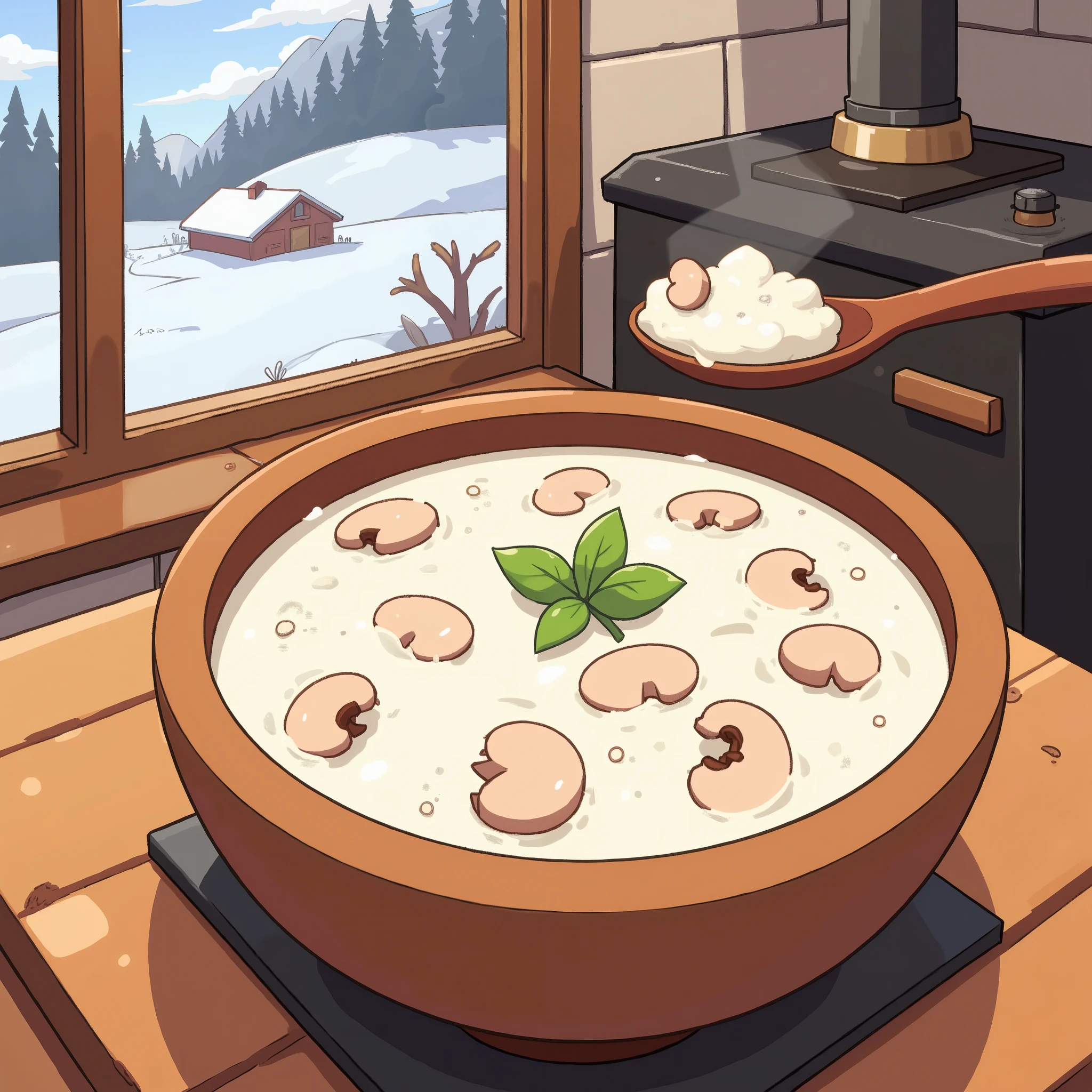 white stew with sliced mushrooms、A small amount of basil is on the stew、 Stew in a wooden bowl、wooden spoon、 with a room with a stove in the background 、Outside the window is a snowy country 、2D illustration、illustration、Anime Design、 A clear line、Clear lines 、Thick Line、 simple illustration without gradation。