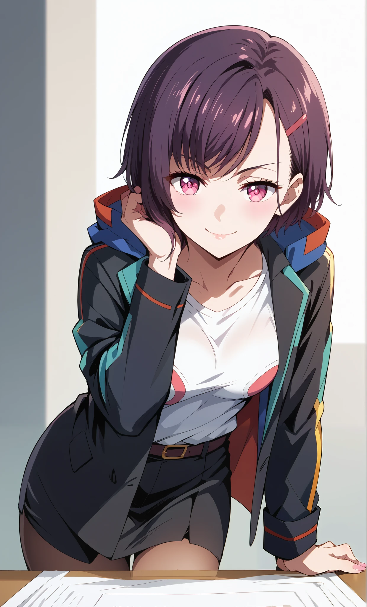 score_9, score_8_up, score_7_up, source_anime, 4K,perfect fingers,(perfect hands, perfect anatomy),prefect lighting, very aesthetic, intricate details,highly detailed background, masterpiece, high quality, best quality,
1girl,solo,shizukamikazuki, shizuka mikazuki, short hair, purple hair, hair ornament, hairclip, pink eyes, swept bangs,
wearing ((office lady,black suit jacket,white t-shirt , )),
smirk,naughty smile,bent over,