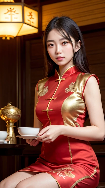 There is a woman wearing a Chinese dress, Age 27, 28 years old, 29-year-old, 32 years old, Delicate makeup, Ye Wen, 23 years old, Round face, Cute Liane, Gold Tiara, Pearl Necklace, Jade hairpin