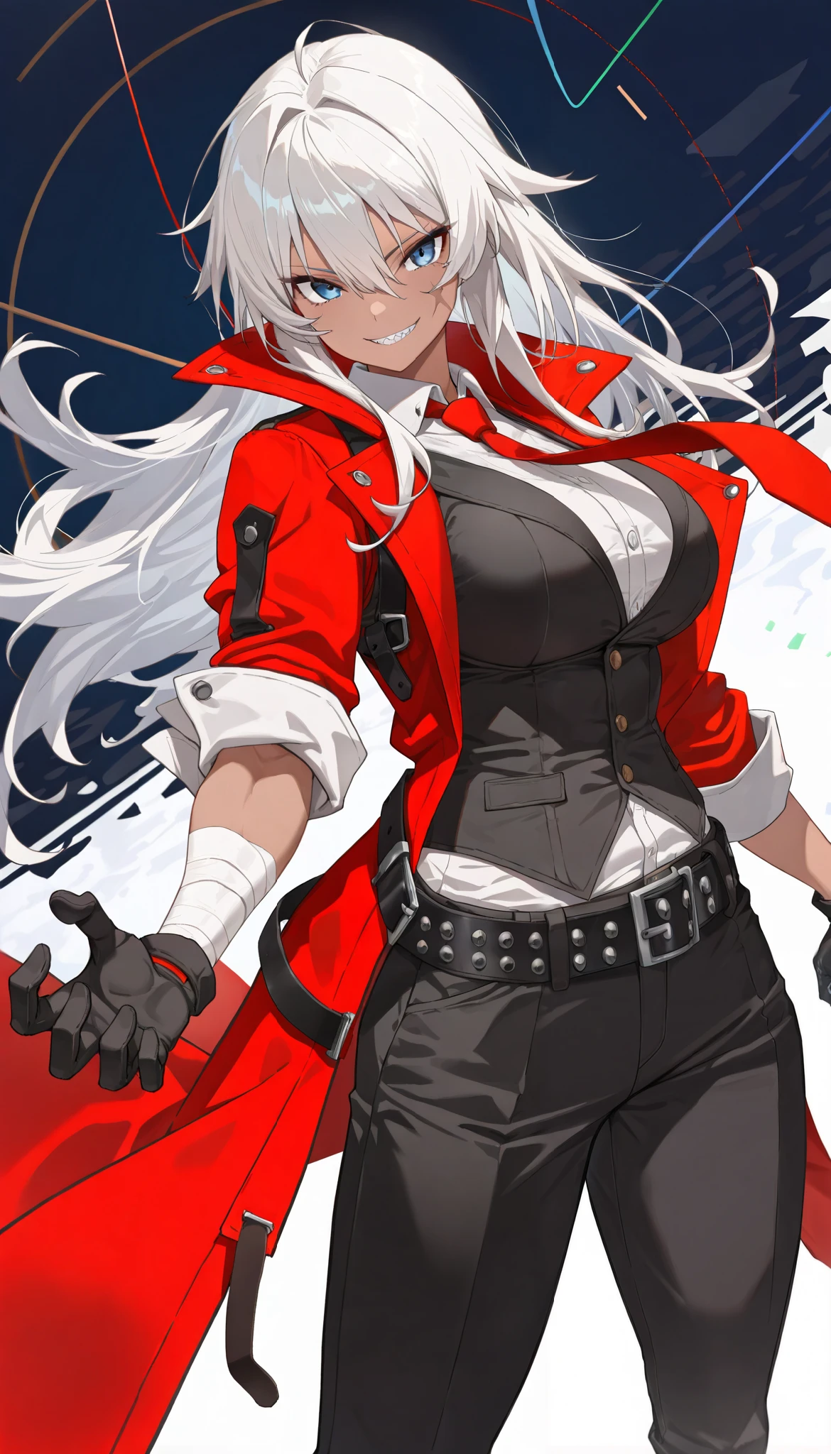 score_9, score_8_up, score_7_up, 1girl, solo, adult,female focus,dmc3dante, white hair, long hair, blue eyes, red jacket, black jacket, black shirt, black skirt, short skirt, black pantyhoses, open clothes, opened shirt, cleavage, standing, belt, smile, looking at you, hell, desolated place,