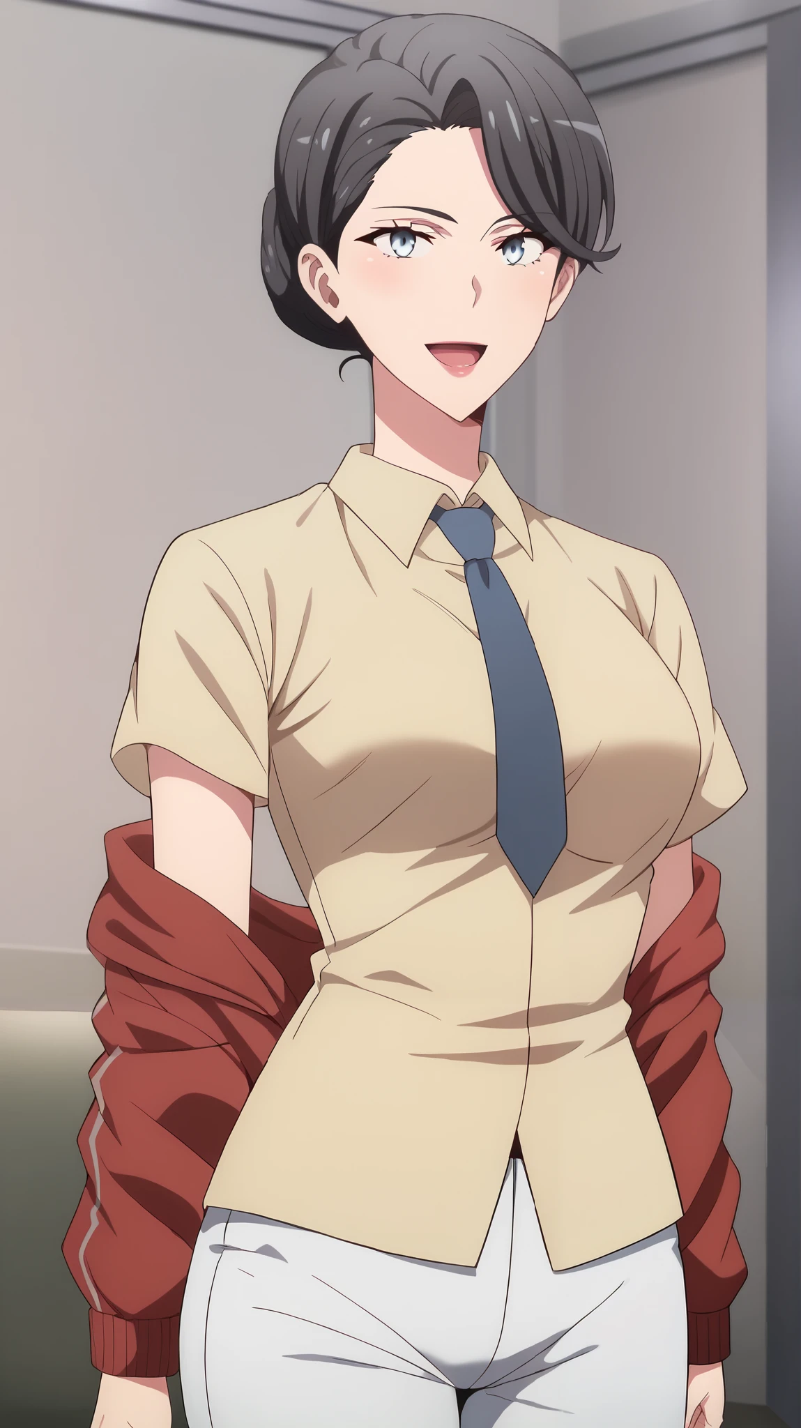 score_9, score_8_up, score_7_up, High Resolution, Accurate, Detail, High Details, Super Detailed, UHD, source_anime, highly detailed, best quality, masterpiece, 1girl, solo, m18+, mother yukinoshita, short hair, blue eyes, black hair, hair bun, single hair bun, hair up, blushing, smiling, open mouth, jacket, red jacket, yellow shirt, short sleeves, collared shirt, tie, blue tie, large breast, white pants, tattoed right hand, indoors, bedroom, looking at viewer, side angle, cowboy shot