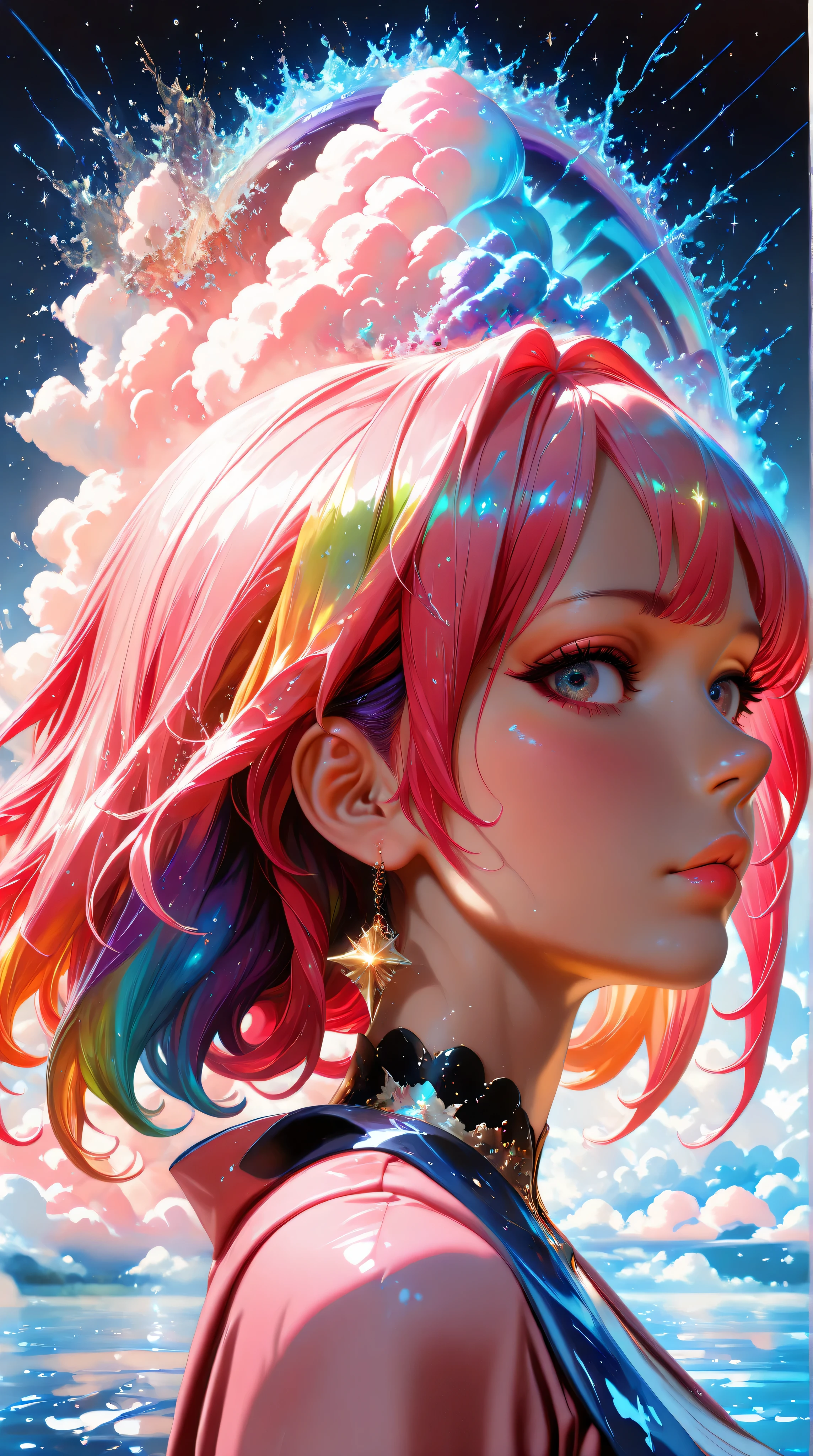 (Japanese girl:1.3), beautiful detailed eyes, beautiful detailed lips, extremely detailed eyes and face, long eyelashes, upper body, from side, looking at viewer, (fractal art:1.3), (rainbow color hair, colorful hair, half pink and half gold hair:1.2), water, liquid, cloud, colorful, starry, stars, (best quality, 4k, 8k, highres, masterpiece:1.2), ultra-detailed, (realistic, photorealistic, photo-realistic:1.37), vibrant colors, studio lighting, extremely detailed description, professional, concept art, surreal, 1920s french vibe, monochromatic gold and pink palette, in the style of french illustrator moebius,