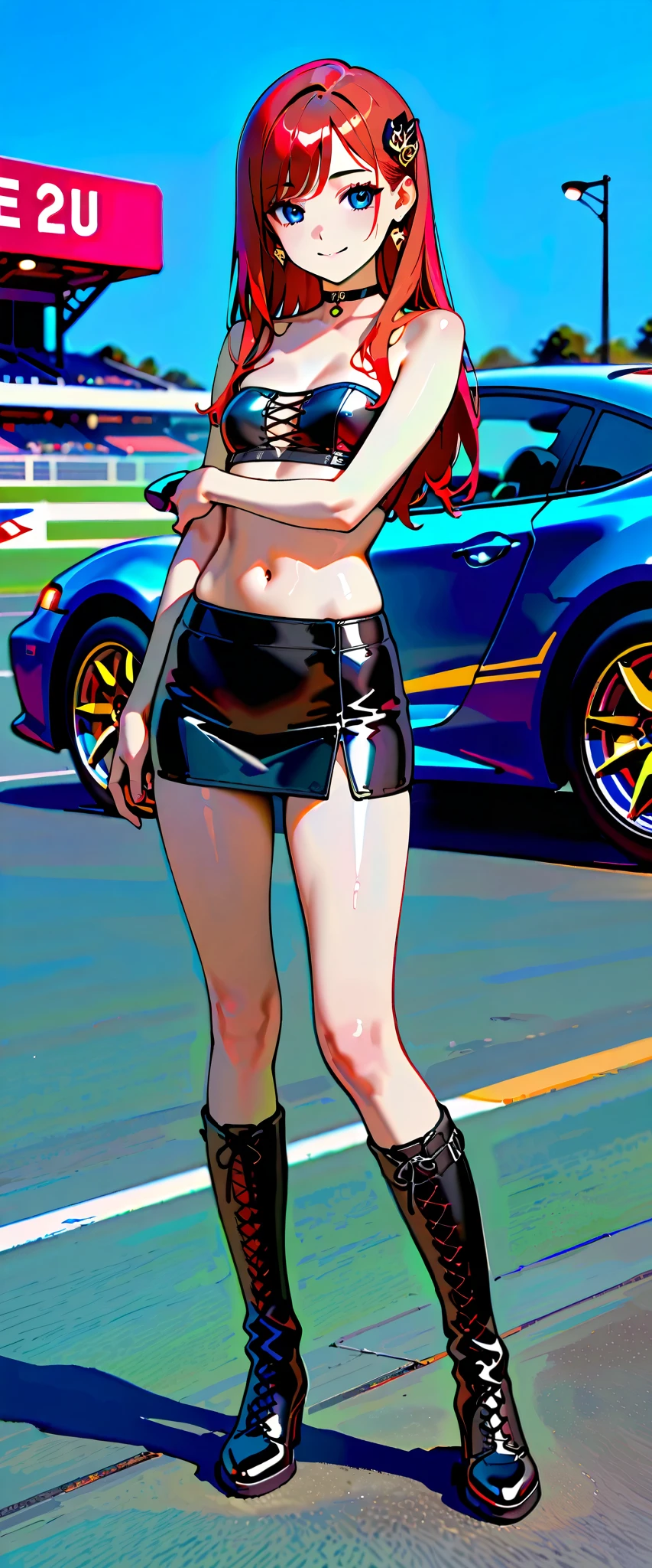 top quality, super high resolution, One person, small breasts, black choker, smile, exposes shoulders, focus only , Watch viewers,Fair skin,Car racing track, photon mapping, Physically Based Rendering, RAW photos , very detailed background, K-pop Idol , depth of coverage, hair ornament, detailed face, glowing skin, game cg,whole body, shiny micro mini skirt,shiny micro tube top,shiny long boots lace queen, small tits, cute pose , sports car,,