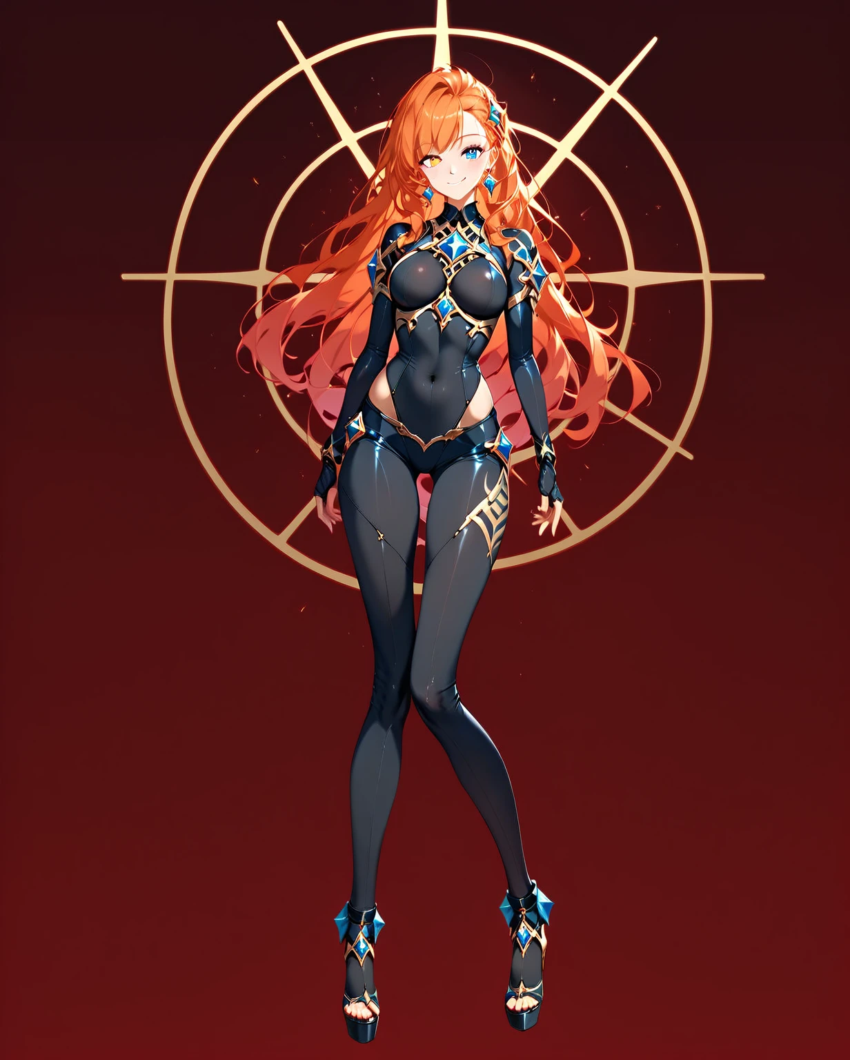 masterpiece, best quality, highly detailed, assumi, magic circles, 1girl, solo, red hair, yellow eyes, warlock shoulders, armor, leotard, thighhighs, elbow gloves, makeup, dark magic, magic particules, looking at viewer, crypt background