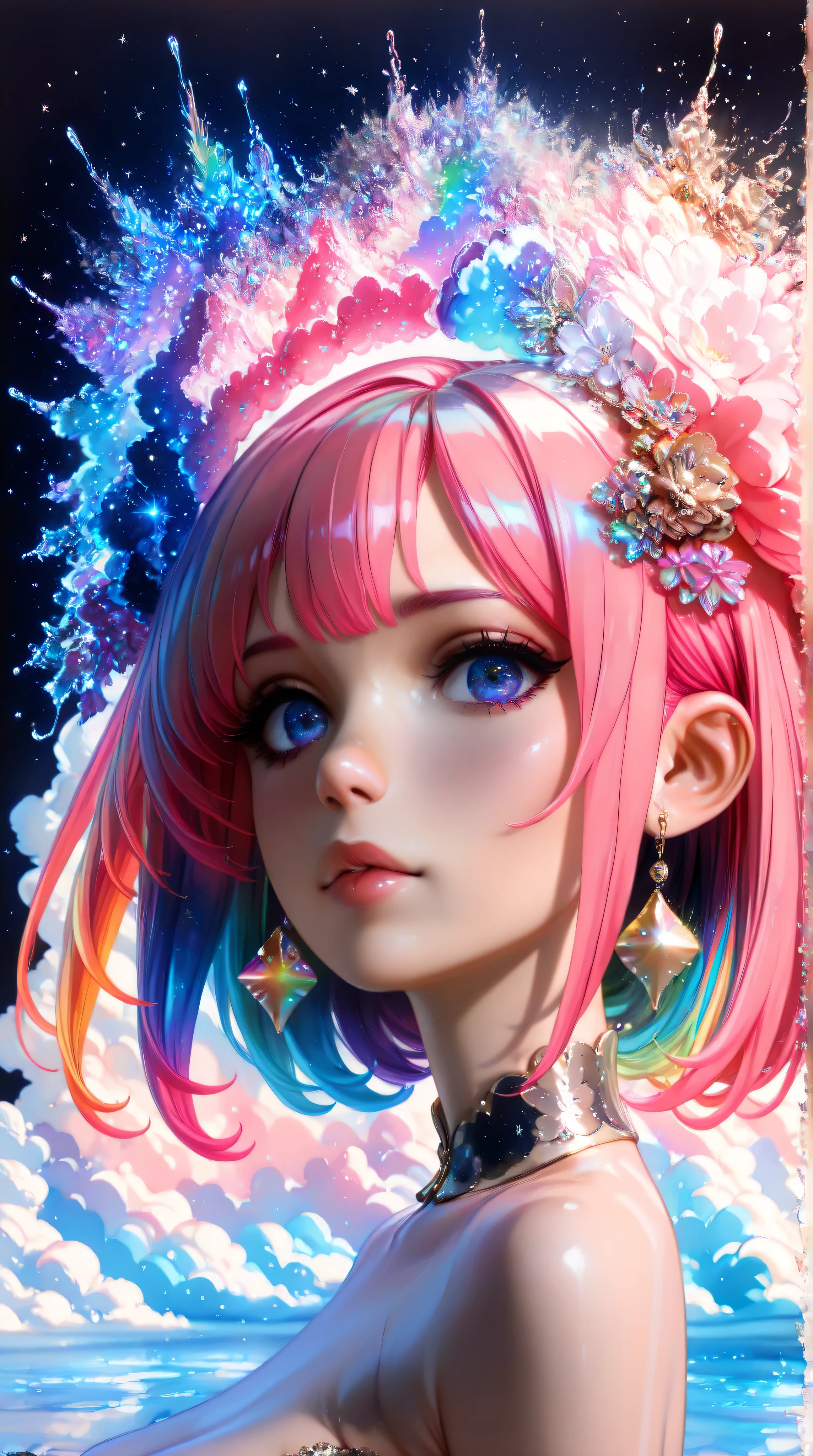 (Japanese girl:1.3), beautiful detailed eyes, beautiful detailed lips, extremely detailed eyes and face, long eyelashes, upper body, from side, looking at viewer, (fractal art:1.3), (rainbow color hair, colorful hair, half pink and half gold hair:1.2), water, liquid, cloud, colorful, starry, stars, (best quality, 4k, 8k, highres, masterpiece:1.2), ultra-detailed, (realistic, photorealistic, photo-realistic:1.37), vibrant colors, studio lighting, extremely detailed description, professional, concept art, surreal, 1920s french vibe, monochromatic gold and pink palette, in the style of french illustrator moebius,