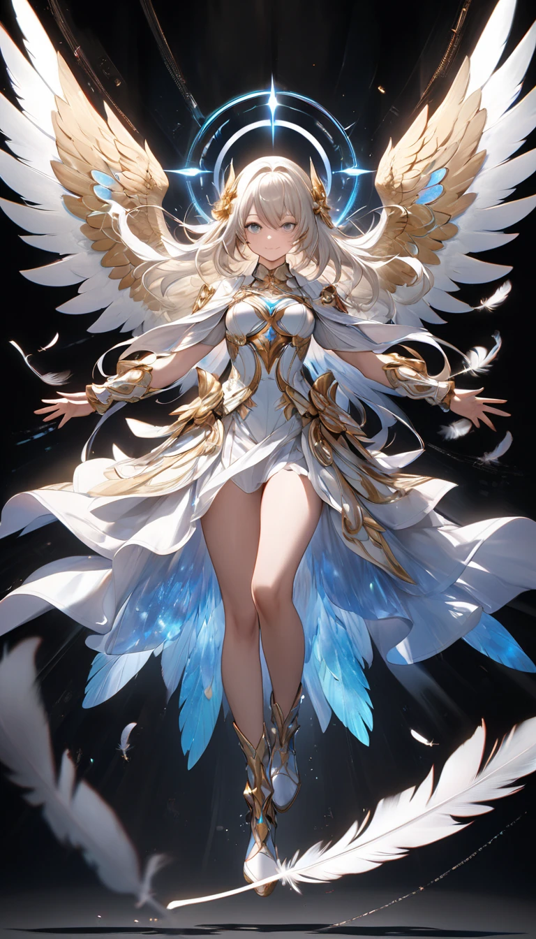 Create a full-body 2D anime character of a magical girl from a fantasy land. She has long, flowing silver hair, large celestial blue eyes, and elegant, pure white wings with hints of gold. Her outfit is a flowing gown in shades of white and light blue with delicate gold trim, and she wears a silver tiara with a sapphire gemstone. Her pose is graceful and serene, with one wing slightly extended