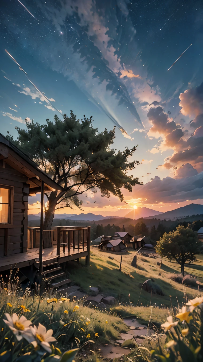 8K image, view from below with a view of the sky and the wilderness below,small cabin under the tree, cloud, scenery, outdoors, grass, sunset, star \(sky\), flowers, starry sky, cloudy sky, no humans, twilight, nature, wind, masterpiece, best quality, very aesthetic, absurdres