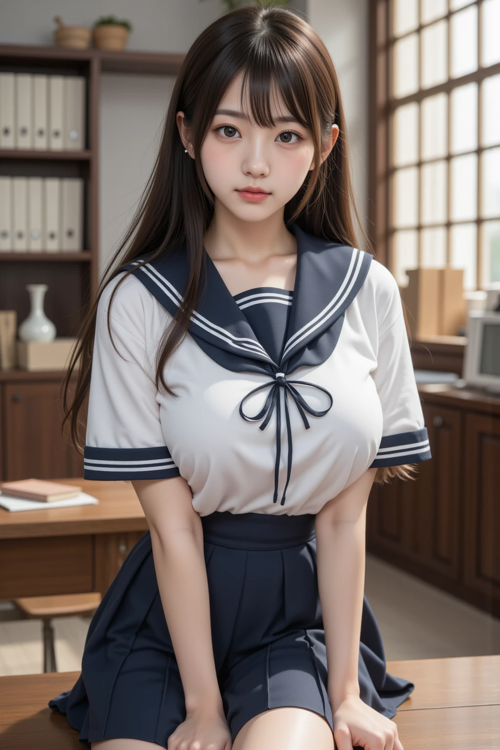 Japan woman in Alafed in sailor suit sitting on chair, realistic young gravure idol, Cute school girl, A surreal high school girl, Young and cute gravure idol, Surreal school girl, wearing Japanese school uniform, Young Gravure Idol, Japanese girls uniform, Japanese School Uniform, Young Sensual Gravure Idol, High school girl posing、(Panty showing pose), masterpiece, anatomically correct, textured skin, high details