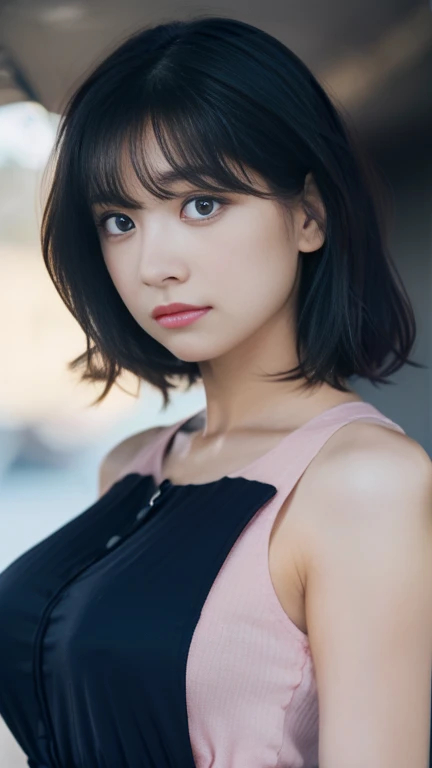 1 girl,Very beautiful 30 year old Japanese woman、very short hair、vision、cleavage、Wind、Dark cloudy sky、body like a model、 outside、shirt、open your legs、High level image quality、best image quality、look at the camera、focus on the eyes、boldness、blade runner、looking from below、thighs、butt、