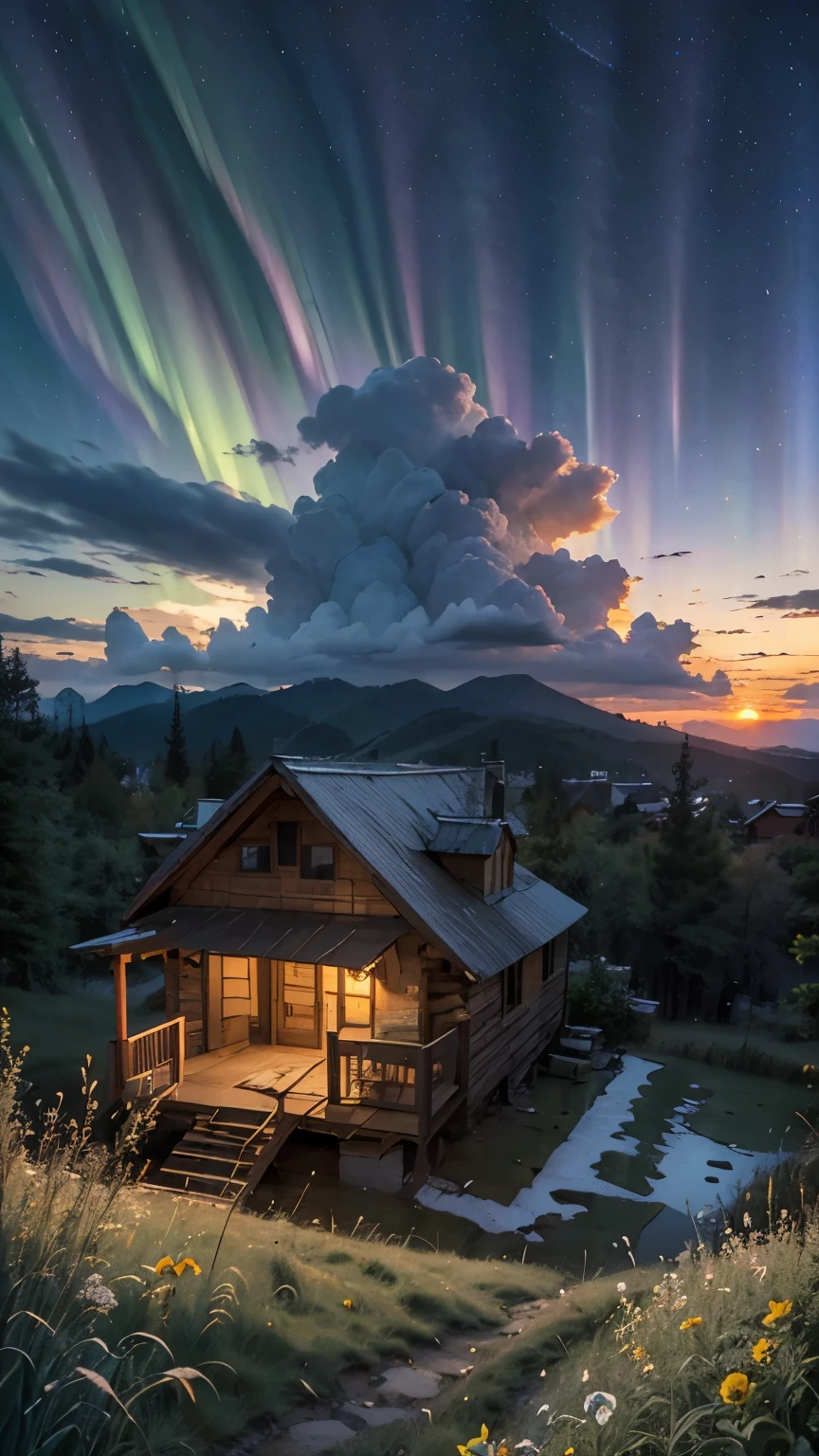 8K image, view from below with a view of the sky and the wilderness below,small cabin under the tree with aurora on the sky, cloud, scenery, outdoors, grass, sunset, star \(sky\), flowers, starry sky, cloudy sky, no humans, twilight, nature, wind, masterpiece, best quality, very aesthetic, absurdres