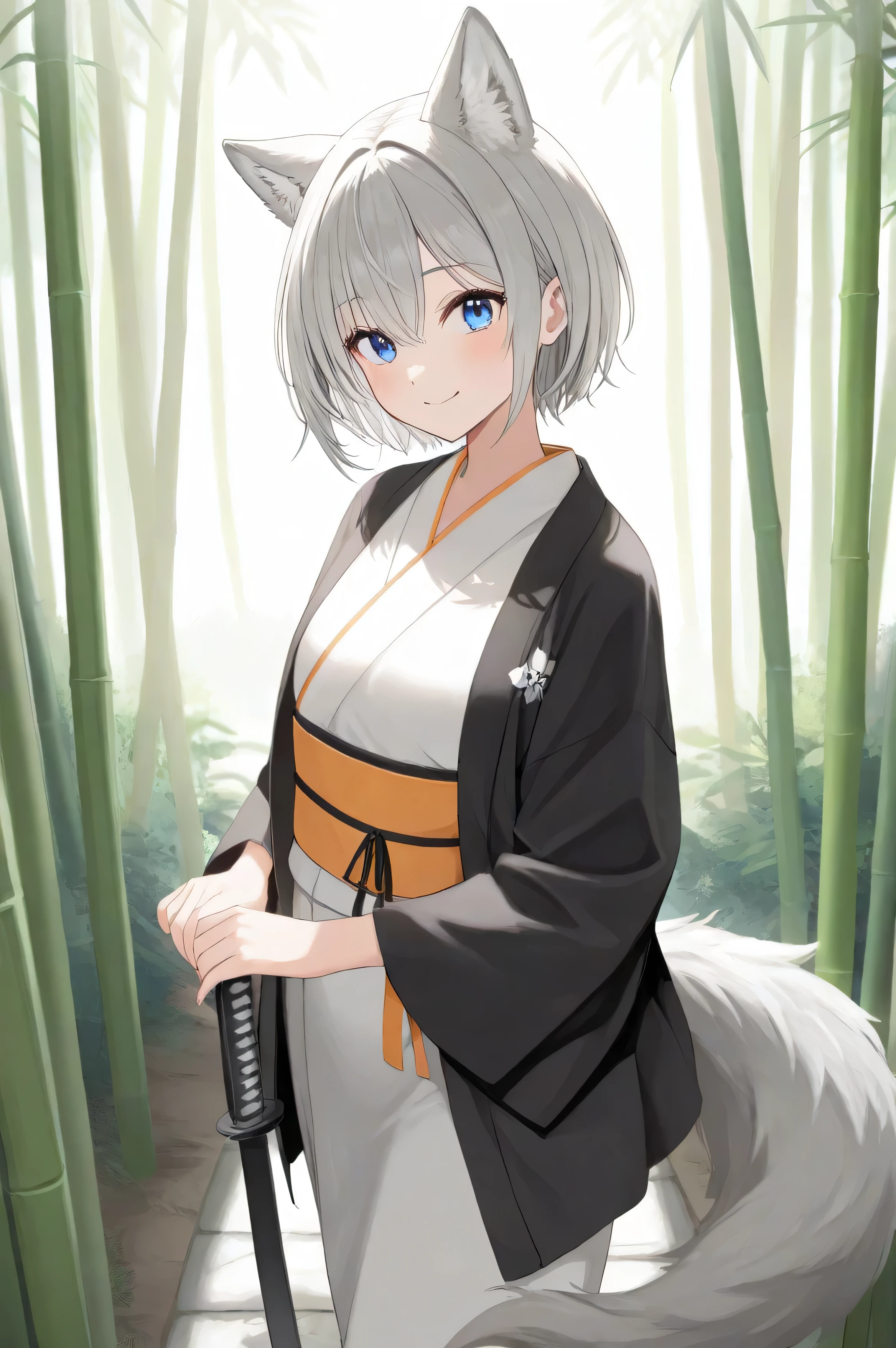 ((masterpiece)), (( top quality)), (( high resolution)), (( detailed description )), female 1 person( Wolfの耳、 gray hair 、 shortcuts、 short hair 、blue eyes、Wolf'S-tail)、Japanese clothes based on white、 viewer's gaze、smile、Walking through the Bamboo Grove 、Armed with swords