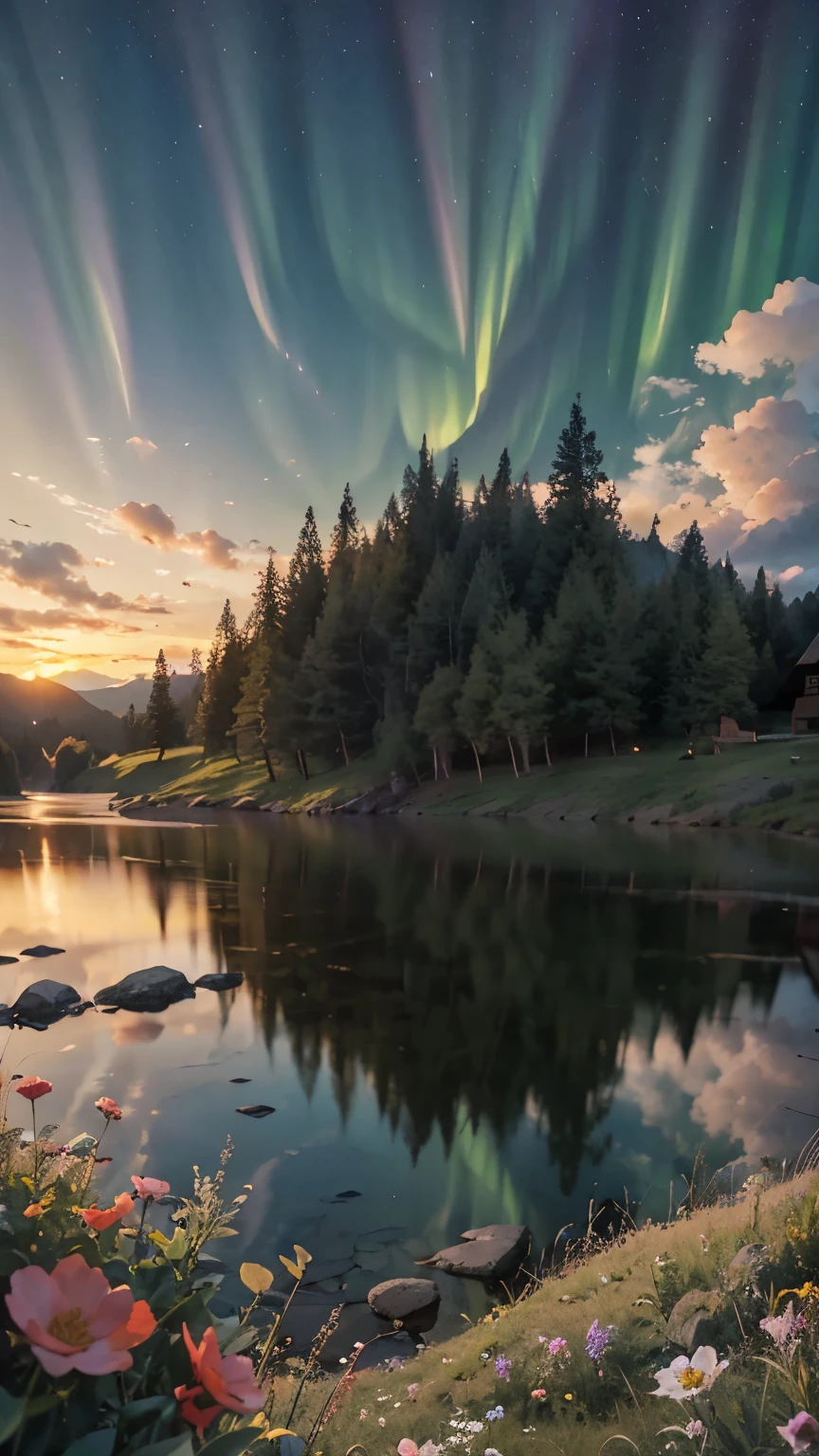8K image, view from below with a view of the sky and the wilderness below,small cabin under the tree with aurora on the sky, cloud, scenery, outdoors, grass, sunset, star \(sky\), flowers, starry sky, cloudy sky, no humans, twilight, nature, wind, masterpiece, best quality, very aesthetic, absurdres