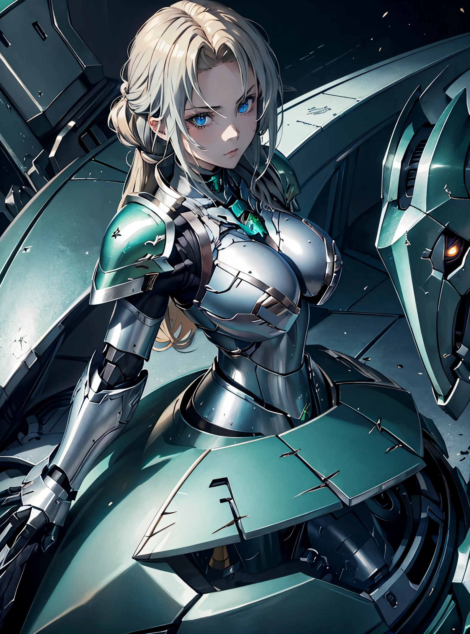 (DARK FANTASY COLORING, DARK COLOR PALETTE, SORROW LIGHTING, 8K DETAIL QUALITY))
((masterpiece, best quality, uhd, detailed, detailed eyes)), (1girl, anime girl in the mansion hall),(mature), (solo, upper body, half body, portraits), (female focus, blue eyes girl, calm), (blonde hair, long hair, middle parted bangs, hime hair cut),[[BLUE EYES]], ((green armor, silver breastplate, mecha armor divine looks)), pale skin, close up, upper body.