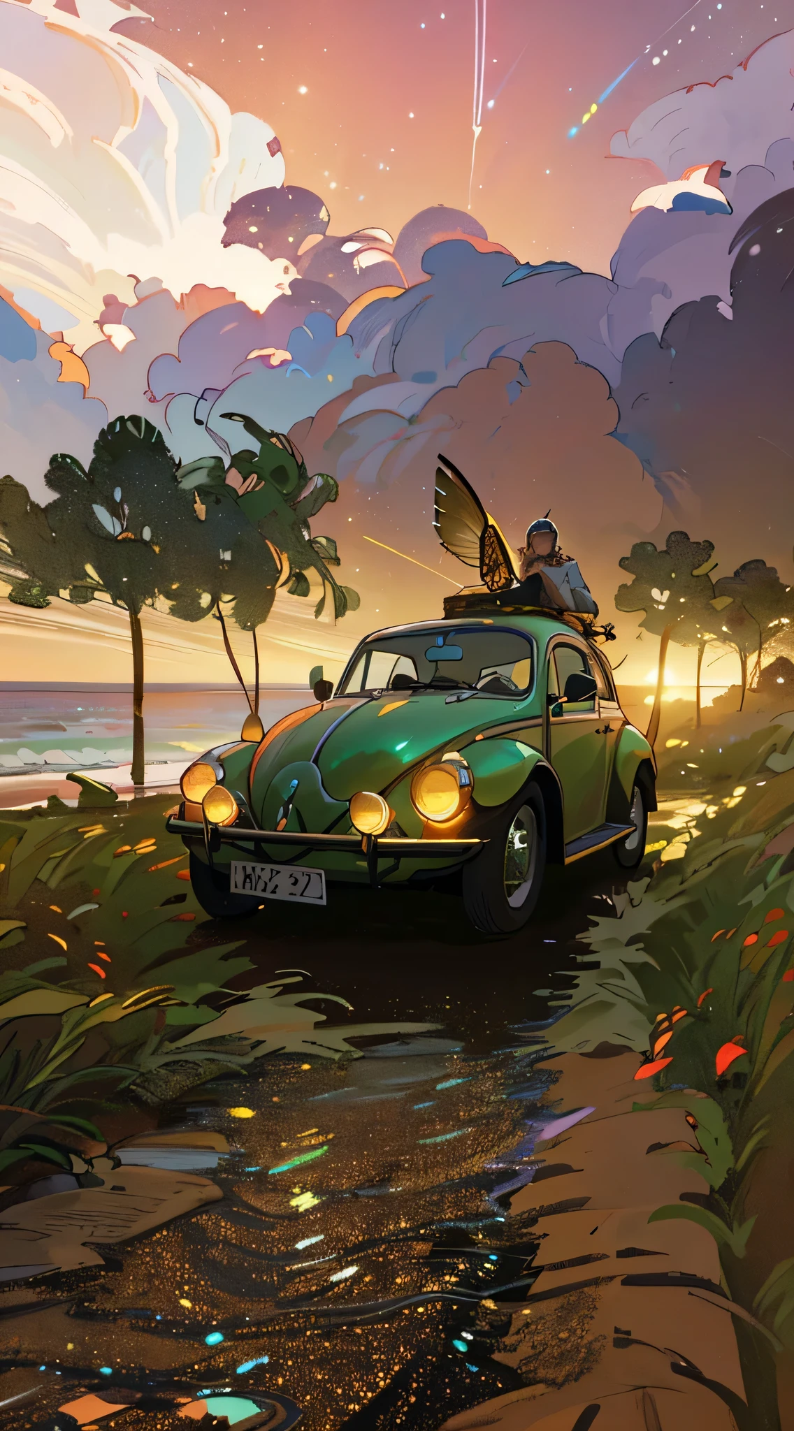 arafed beetle parked on a dirt road near a beach, beetle, beetle-inspired, a retropunk naturewave defender, auto photography, vehicle photography, car photography, with cool headlights, by Niels Lergaard, in the sunset, nostalgic 8k, shot at golden hour, scarab, low iso, perfect composition and lighting, with dramatic lighting, (Masterpiece), (best detail), (Best quality), Detailed facial features, milky ways, glitters, Particle, Wind, flower, hair adornments, multicolored hair, Solo, jewelry, Starry sky, sky, (stars), Milky Way, Young and good-looking