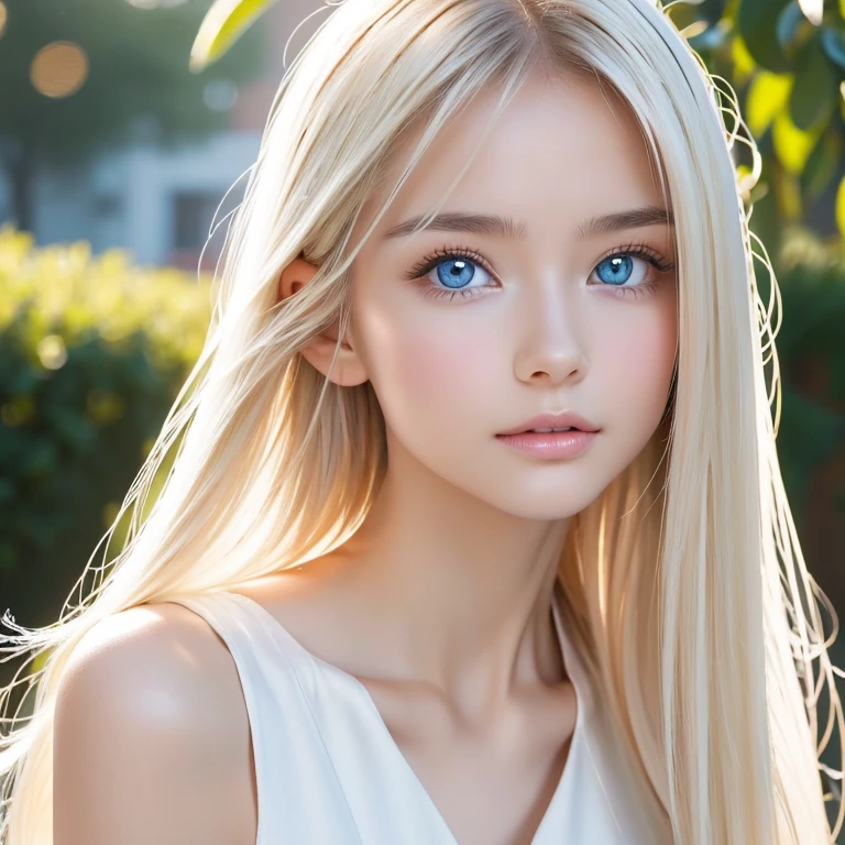bright look、photorealism、teen, posing topless, highest quality、Super high resolution、The most beautiful Nordic girls photos、cute and beautiful face details、small face、big breasts、Slender、15 years old, Crystal clear white skin、big light blue eyes、long straight hair, 32C breasts, nice smile, camera focus on breasts,