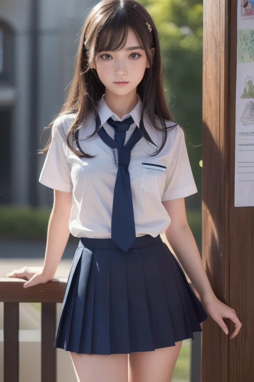 ((highest quality, 8K, masterpiece :1.3)), Photorealistic、Ultra-high resolution、Natural skin texture、Hyperrealism、Photograph from the knee up、 old beautiful Japanese girl、Large breasts、White collared shirt and tie、Checkered mini skirt、Serious expression、Pain and gasping