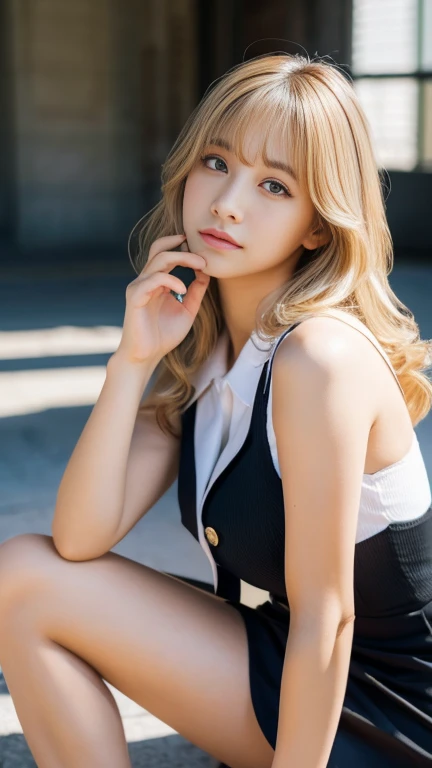 8k、 Shiny skin、highest quality、Ultra-high resolution、Magic Mix Real、(RAW Photos:1.2)、(Realistic:1.4)、The beauty of beautiful details Delicate expression、blonde、((I can see her white panties:1.5))、(Squatting bench)、Earrings A little bit of detail、Large file size、Super detailed、Transcendental beauty、masterpiece、(Japanese school girl uniform))、Extremely detailed representation、 In detail、Highly detailed facial cinematic lighting、17-year-old girl、positive、((Dynamic pose)))、(Sit with your knees bent))、blazer、Sexy upward glance、panties
