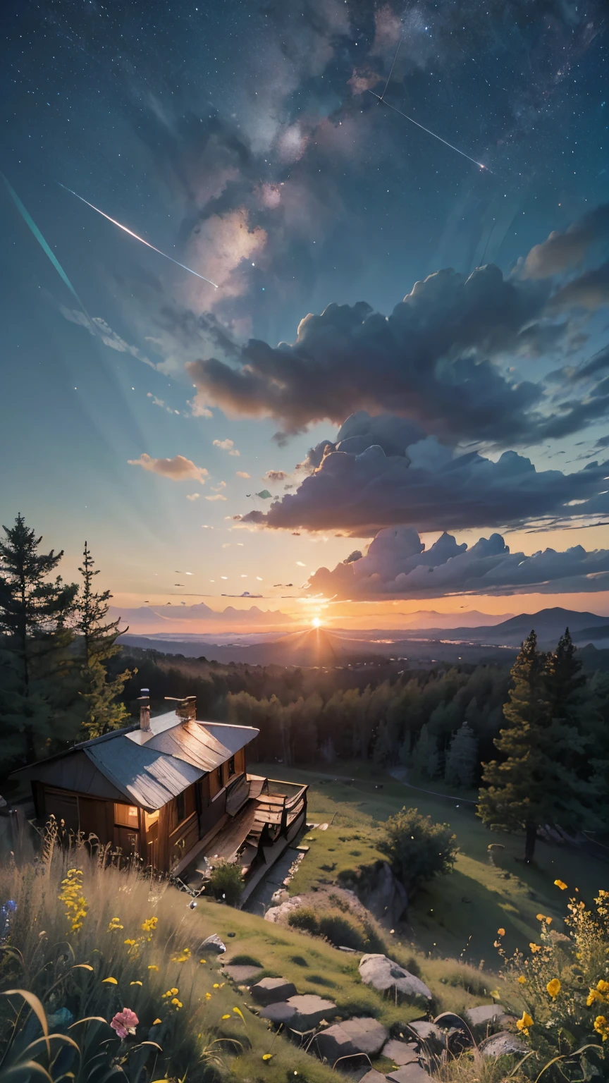 8K image, view from below with a view of the sky and the wilderness below,small cabin under the tree, cloud, scenery, outdoors, grass, sunset, star \(sky\), flowers, starry sky, cloudy sky, no humans, twilight, nature, wind, masterpiece, best quality, very aesthetic, absurdres