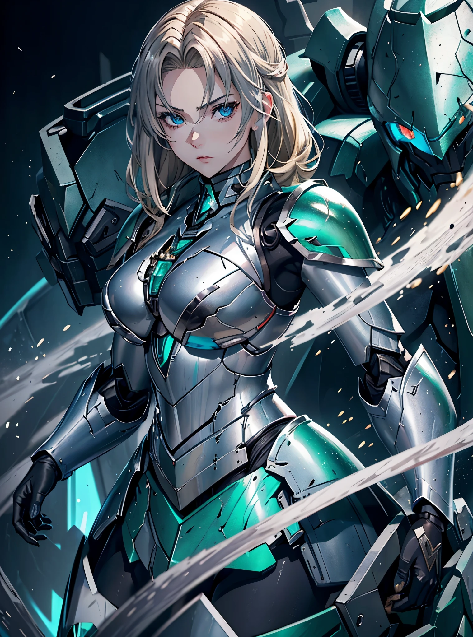 (DARK FANTASY COLORING, DARK COLOR PALETTE, SORROW LIGHTING, 8K DETAIL QUALITY))
((masterpiece, best quality, uhd, detailed, detailed eyes)), (1girl, anime girl in the mansion hall),(mature), (solo, upper body, half body, portraits), (female focus, blue eyes girl, calm), (blonde hair, long hair, middle parted bangs, hime hair cut),[[BLUE EYES]], ((green armor, silver breastplate, mecha armor divine looks)), pale skin, close up, upper body.