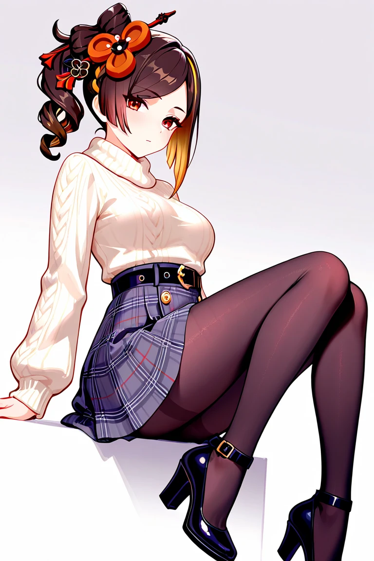 merula, solo girl, wide hips, thighs, sitting, (frenchgirlstyle, striped horizontal white pullover, , beret, tight red mini skirt, high heels ), striped socks, cleavage, medium breast