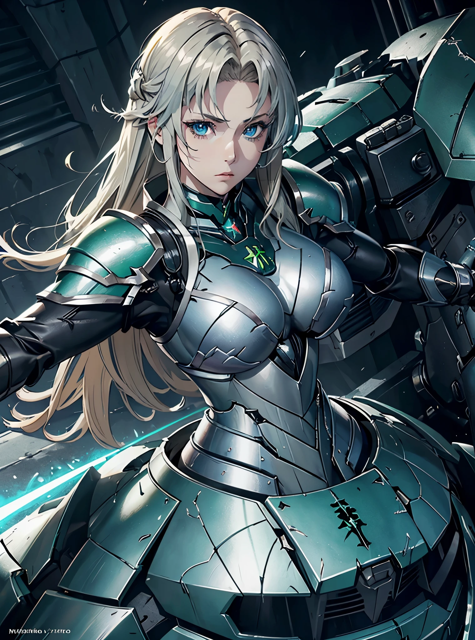 (DARK FANTASY COLORING, DARK COLOR PALETTE, SORROW LIGHTING, 8K DETAIL QUALITY))
((masterpiece, best quality, uhd, detailed, detailed eyes)), (1girl, anime girl in the battlefield),(mature), (solo, upper body, half body, portraits), (female focus, blue eyes girl, calm), (blonde hair, long hair, middle parted bangs, hime hair cut),[[BLUE EYES]], ((green armor, silver breastplate, mecha armor divine looks)), pale skin, close up, upper body.