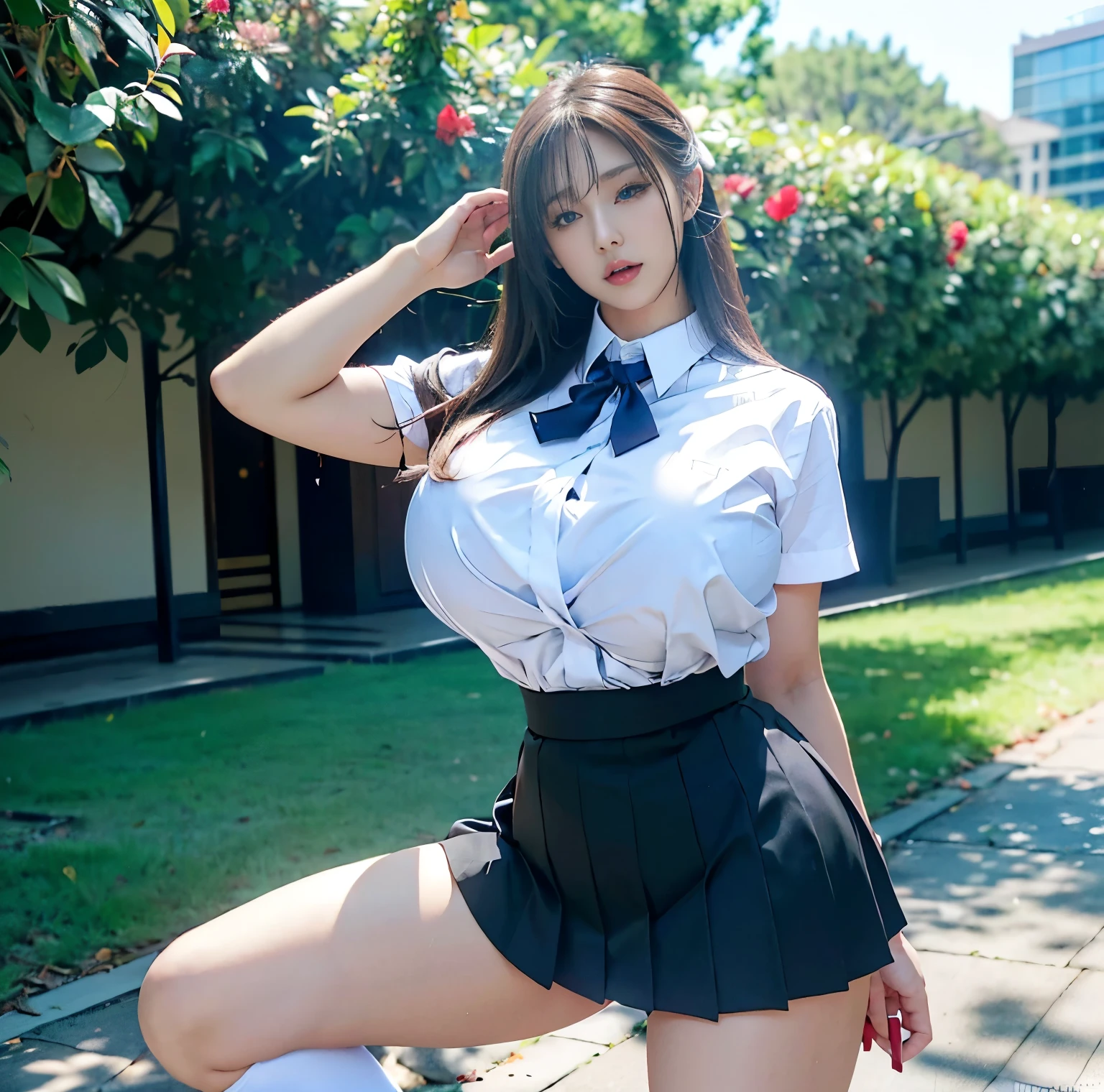 Highest quality, 8K quality, Masterpiece, Two busty women standing side by side, (Super big breasts compressed by clothes:1.2), Whitening skin, Sparkling Blue Eyes, Sailor collar uniform, (Pleated skirt), Above the knee, Skirtliftv1, (Booty stretched and highlighted by hands:1.3), (Super big breasts in a frontal view), (White panties), grabbing own ass, skirtlift