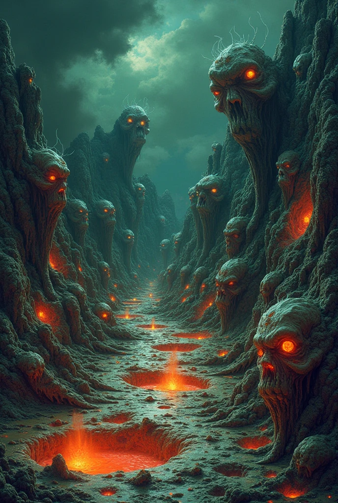 Extreme cracked open in the ground, Valley of madness in background. Thorns, chaos, devastation, dramatic cloudy sky. Horror art, unreal engine, sketch color drawing.