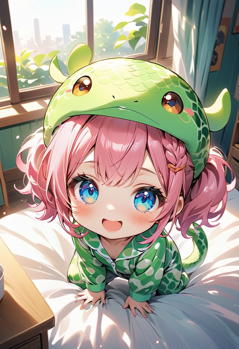 ( background is a cute 's room 、 jumps up 、 early in the morning the bright sun shines through the window and hits her face:1.5、(( dynamic pose :1.5、 Dynamic Angle:1.5、 motion blur :1.5))、(( one girl:1.5)、((Chibi Girl:1.5)))、Kindergarten student:1.5、 top quality、 high resolution、 detailed background、 Beautiful Faces in Every Detail、 anatomically correct、 detailed expressions 、fine grain、((whole body, throw:1.5、from above:1.5, side view)),　 pink hair color、Ultra-detailed eyes、 Big, Beautiful Blue Eyes 、 long eyelashes 、Full lips、 pink lips、 braid twin tails、((stupid hair:1.5))、(cute green snake costume pajamas:1.5)、((smile:1.2、 dazzling and half-open 、 slightly sleepy expression 、Cheerful laugh ))、Pale Light