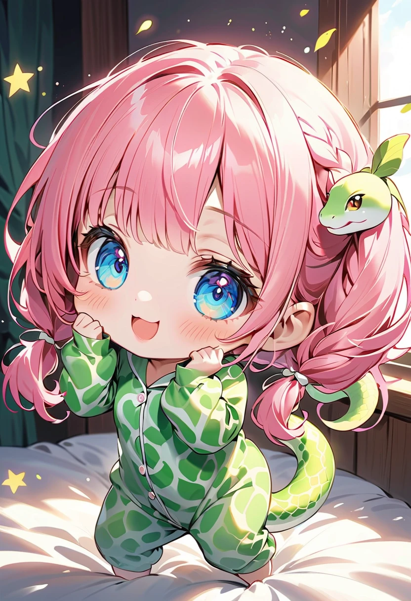 ( background is a cute 's room 、 jumps up 、 early in the morning the bright sun shines through the window and hits her face:1.5、(( dynamic pose :1.5、 Dynamic Angle:1.5、 motion blur :1.5))、(( one girl:1.5)、((Chibi Girl:1.5)))、Kindergarten student:1.5、 top quality、 high resolution、 detailed background、 Beautiful Faces in Every Detail、 anatomically correct、 detailed expressions 、fine grain、((whole body, throw:1.5、from above:1.5, side view)),　 pink hair color、Ultra-detailed eyes、 Big, Beautiful Blue Eyes 、 long eyelashes 、Full lips、 pink lips、 braid twin tails、((stupid hair:1.5))、(cute green snake costume pajamas:1.5)、((smile:1.2、 dazzling and half-open 、 slightly sleepy expression 、Cheerful laugh ))、Pale Light