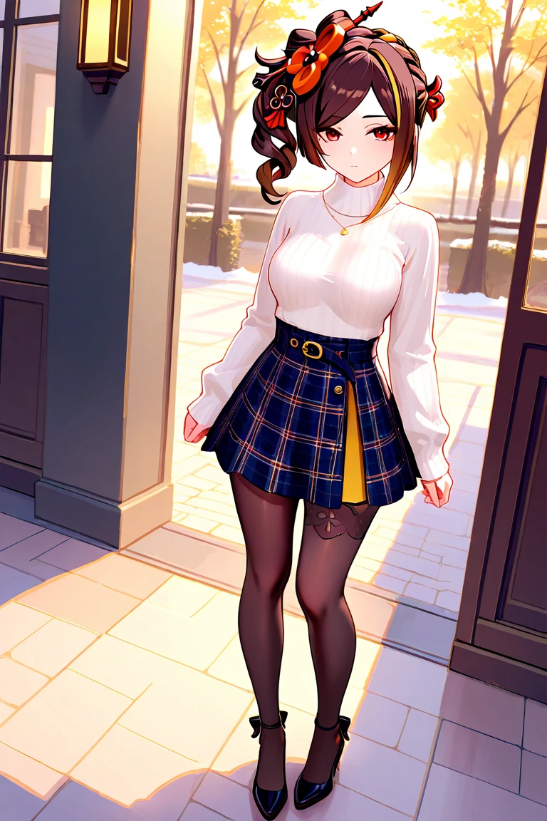 ((masterpiece, highest quality, High resolution, UHD, perfect pixel, written boundary depth, 4k, RTX, HDR))), 1 girl, ((long hair, bangs, brown hair, curly hair:0.8)), ((green eyes:1.4, round eyes, beautiful eyelashes, realistic eyes)), ((detailed face, blush:1.2)), ((smooth texture:0.75, realistic texture:0.65, realistic:1.1, Anime CG style)), Low - Angle, from below、multiple views、perfect body, ((throw, close)), ((red tie, , brown cardigan, black jacket, open jacket, white shirt,embroidered panties、 blue skirt, Plaid Super Mini Skirt、loose socks)), smile, amusement park, Cherry Blossom