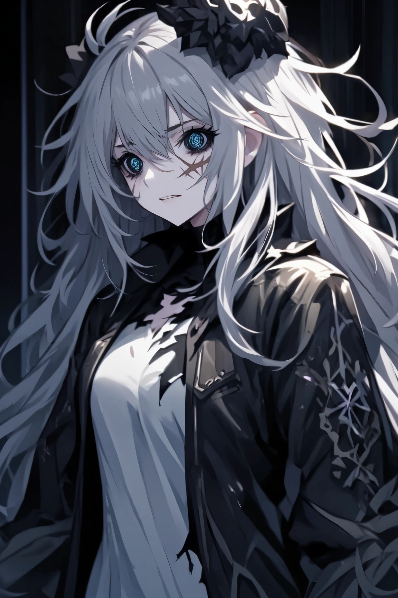 appearance:
Seraphine is a disturbing figure that stands out in the characteristic chaos of Madness Combat universe. His face is pale , with a scar that crosses her left cheek , as if something had torn her from the inside . Her eyes are completely black with white pupils , leaving a void in her eyes , as if looking through souls . Her long, messy hair, jet black, falls in tufts around her face . She wears a torn jacket and some worn pants , but the most striking thing about her outfit are the leather gloves with strange symbols carved on them , as if they had power over her curse .