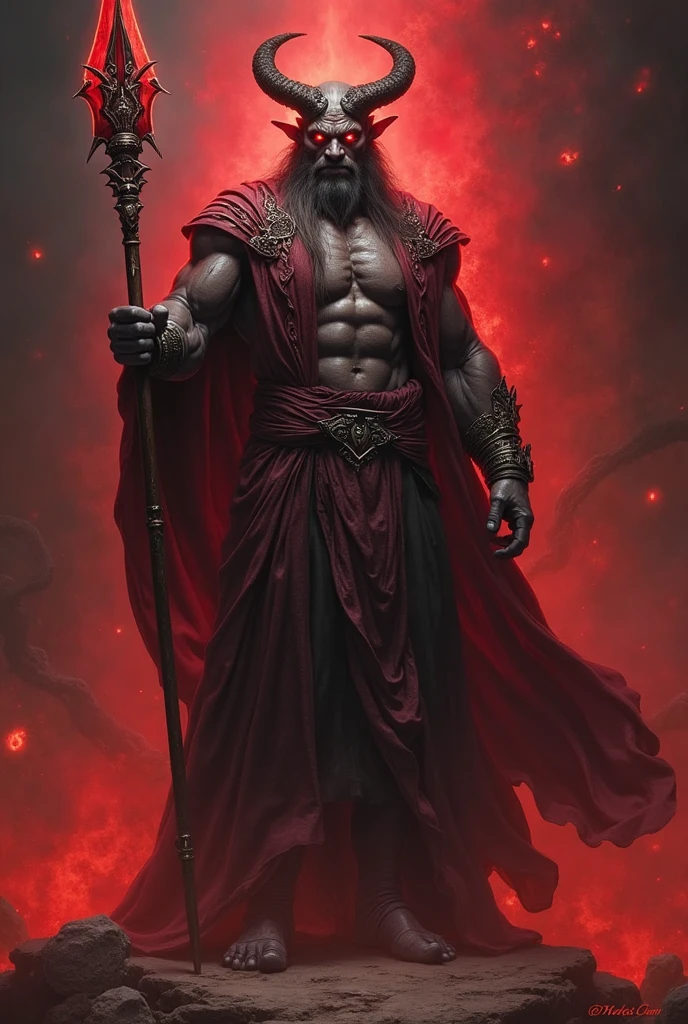 Photography Style-Evil God Photo,Ultra-clear texture,Portrait Art,The image of evil gods in ancient legends,Decorated with blood-red gems,The ferocious face has a weird tattoo,The robe has complex evil god patterns on it,The whole body exudes a strange breath,Standing at the Gates of Hell,Holding a burning wand,10,000-year-old evil god,dark surrealism,Behind me is the burning hellfire,Dark red background contrast,Highly detailed textures,Hyperrealistic style,RAW,8k。