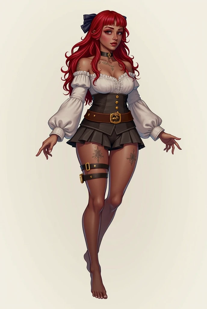 Professional anime drawing, Dynamic view (front back mostly) full length, light-skinned female, , symmetrical face, long curly magenta hair, blue eyes, crimson red lipstick, slim build and perfect figure, chest Firm and striking, he is approximately 1.65 meters tall, his usual attire consists of a tight white top with a red large R logo, underneath a cropped black T-shirt that reveals his belly button, long black boots and gloves, round colored stud earrings Green, White Tight Micro Skirt, Extremely Detailed Intricate Image
