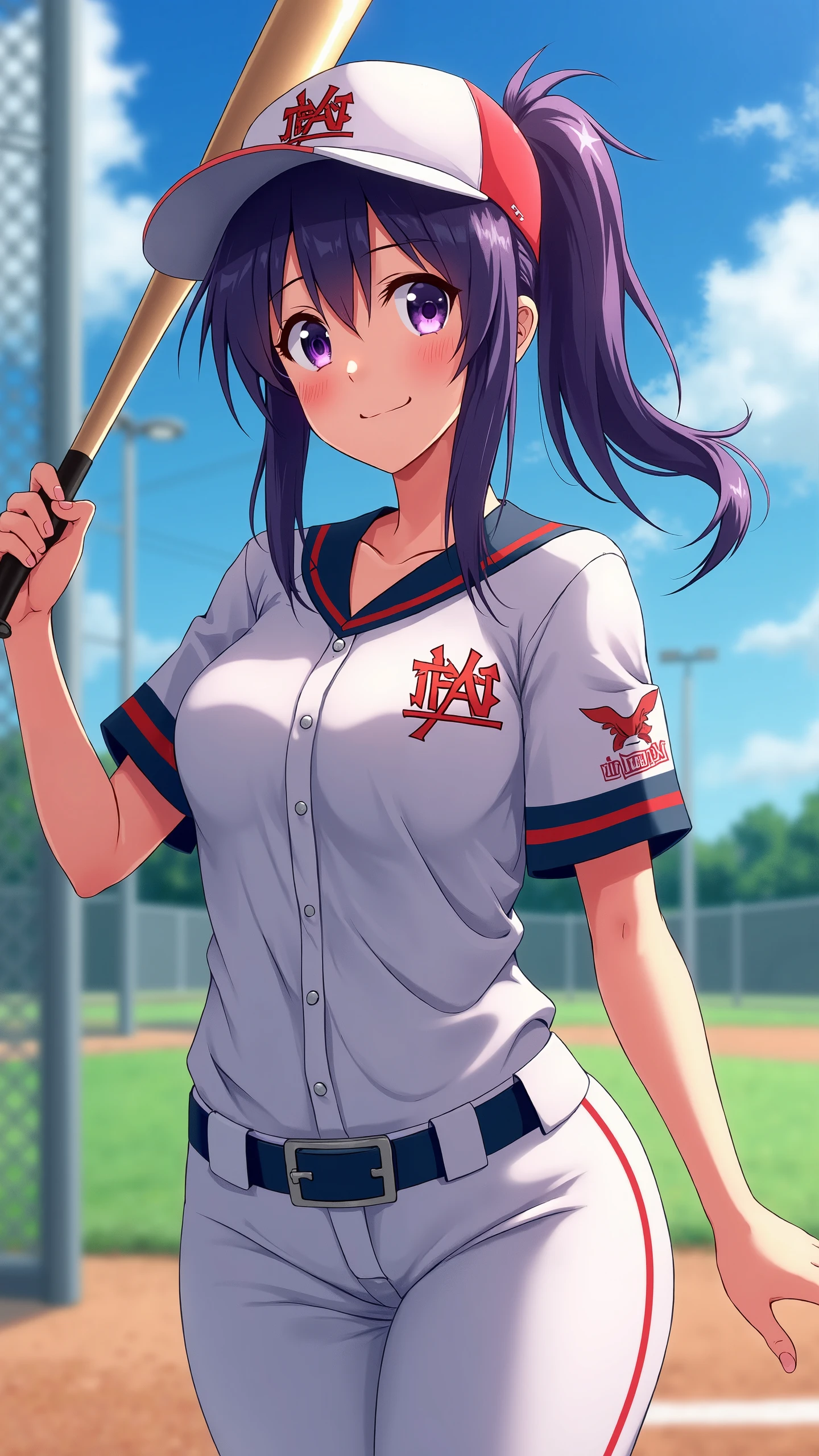 ((best quality)), (detailed), ((high resolution)), ultra high definition, 8k, ((style of Akame Ga Kill!)), perfect symmetry, masterpiece, ( Fine details), BREAK,((baseball uniform)), focused gaze, green baseball field, blue sky and white clouds, sunlight casting shadows, sun rays illuminating the scene, illuminated action shot, professional sports photography, alone, curvy woman, sparkling purple eyes, (detailed eyes), smile, blush, (sweat), oily skin, shallow depth of field