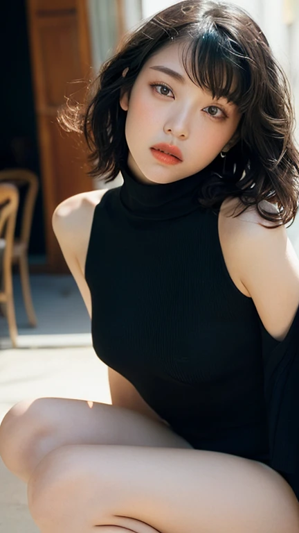 one girl、brunette hair、supermodel with perfect body、short bob、wear(black turtleneck sweater dress)、An ennui look、Detailed body with feminine fit、Detailed skin of skin and face、Depth of bounds written、Skin details、cafe daylight、autum、garden、autumn leaves、RAW photo、highest quality、Highest image quality、ultra high resolution、master piece:1.3、8k
