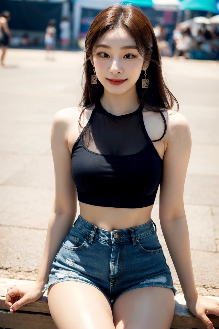 masterpiece, top-quality, 1 beautiful girl, (Detailed beautiful eyes), ((Detailed skin)) , ((Detailed medium hair)), A beautiful girl in black crop top and ripped jeans oversize, colorfull, RAW photos, Camera angle behind, sitting outside the coffee,  CG rendering, Blurred background, deep shadow,  16K, bokered,   Very detailed, wallpaper, depth of field, movie light, Ray tracing.