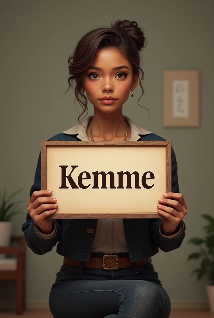 Drawing of a black woman with curly hair tied up and glasses sewing on a white wall background with her name on the apron Jaque 