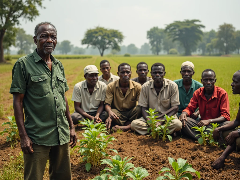 One old man ,one old women,Boy and girl siding plants alone in green area at background with Ethiopian national flag and face.