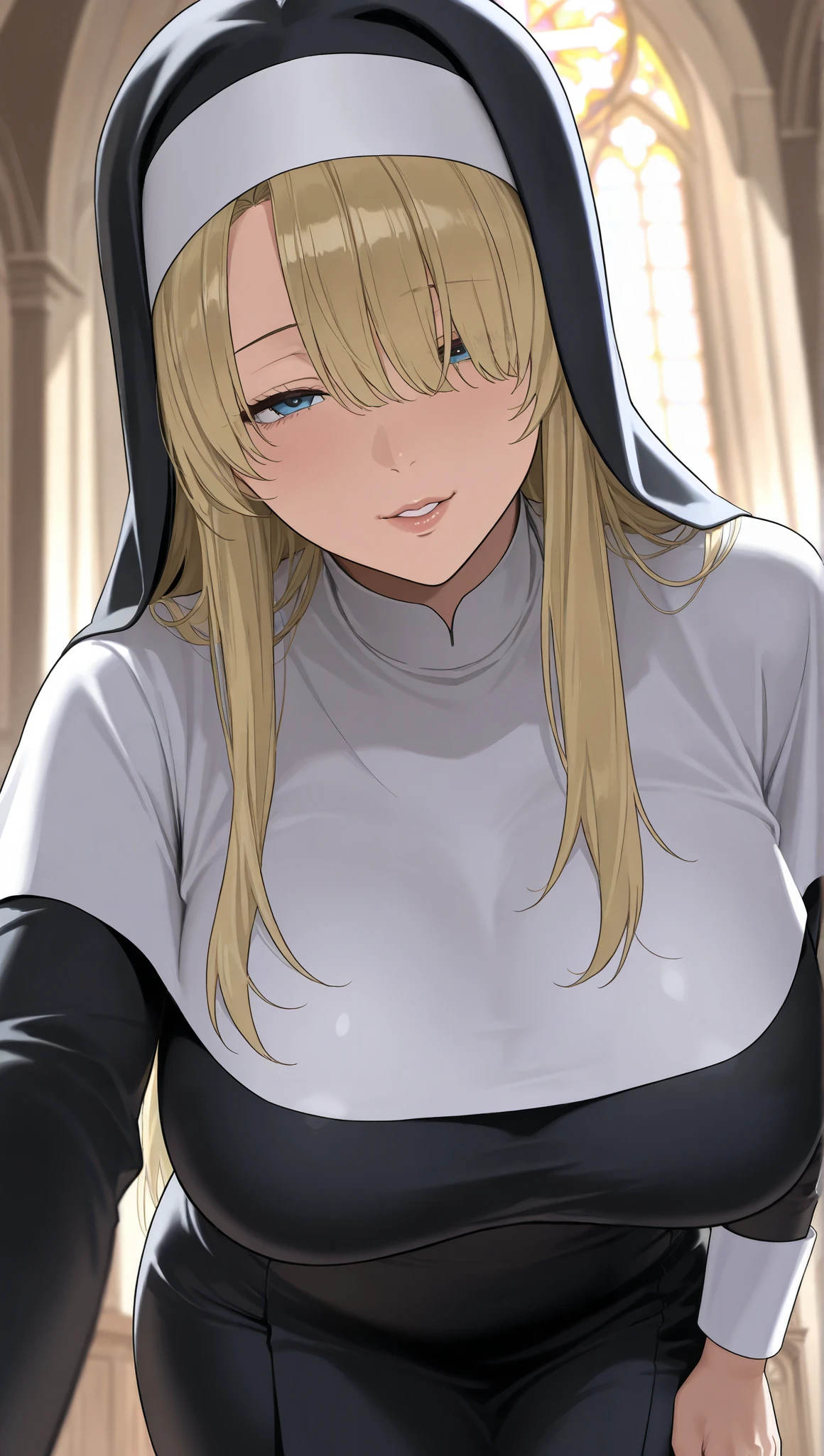 mature female, housewife, blonde hair, long hair, straight hair, bangs, hair over one eyes, blue eyes, fully clothed, black nun clothes, black clothes, church, looking at viewer, seductive face, milf, large breast, soft light, high detailed, best quality, standing, cowboy shot, leaning forward, POV, below view