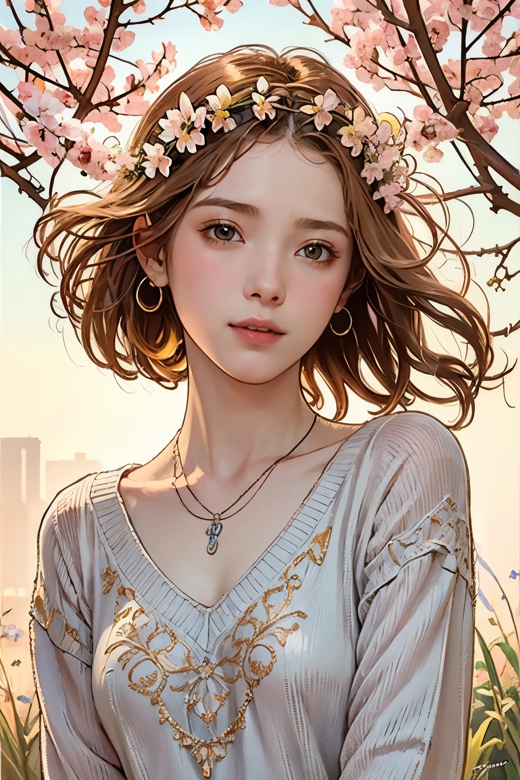 (light oil painting of a beautiful woman), rough touch, focus on face, (calm and gentle small smile), (almost straight but loosely curled silver-gray medium hair), small flower hair ornament, (close-up), shiny skin, glossy lips, ((casual pale pastel pink spring sweater)), (smart figure), small necklace, beginning of spring, arrival of spring, spring atmosphere, colorful small spring flowers, vivid and warm spring colors, sunlight, Tyndall effect, young tree leaves, use of contour, clean lines, line drawing, fine details, intricate details, Fibonacci, bright and strong primary colors used partially as accents, floral frame, Art Nouveau frame, Art Nouveau-inspired decoration, decorative panel, masterpiece, fine and intricate details, splashes of color, (Alphonse Mucha's compositional style), impressionist style, atmospheric perspective, flying butterflies, hair blowing in the spring breeze, (bright spring flowers and light), everything sparkles and shines, lots of light particles, (let there be light!),