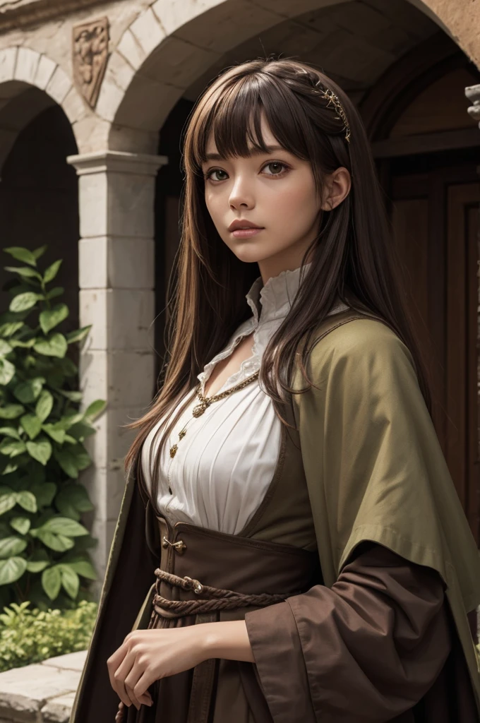 median, sorceress, Heroina del Pueblo, medieval, green and brown clothing , light brown hair, Bangs