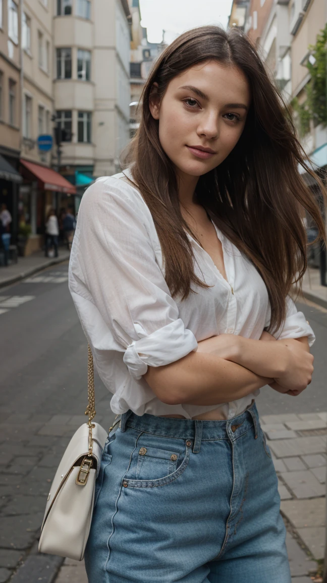 ((best quality)), ((master part)), (circunstanciado), 
foto extremamente detalhada
rosto perfeito
morena com pele mais clara com olhos castanhos claros, She is wearing a white blouse and jeans, a clean face, walking down the street holding a bag