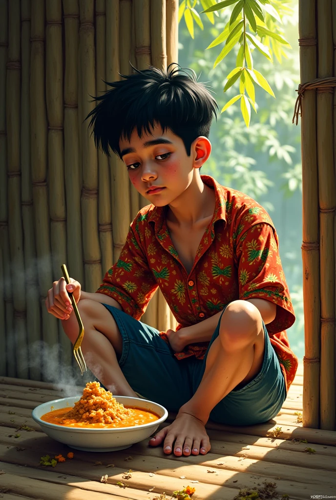 Photorealism 1.4 realistic realism high detailed definition Malaysian orang asli teen native aborigines wearing sleeveless shirt short sitting on bamboo floor bamboo hut leaf roof at the jungle sitting and eating food